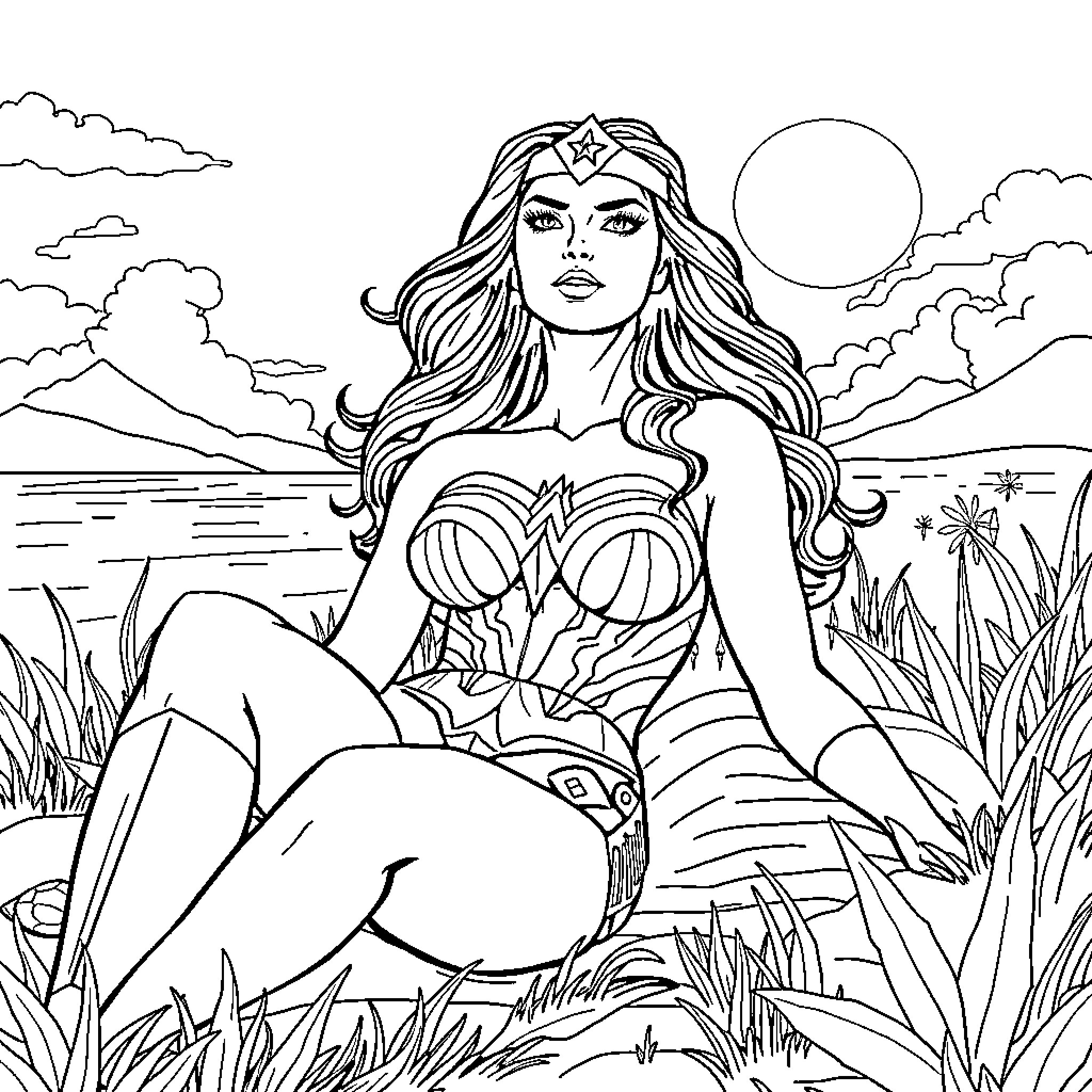 Wonder Woman posing heroically in a scenic landscape Coloring Page (free black-and-white line drawing printable PDF for all, from beginners to advanced learners, including children, teens, adults, and seniors)