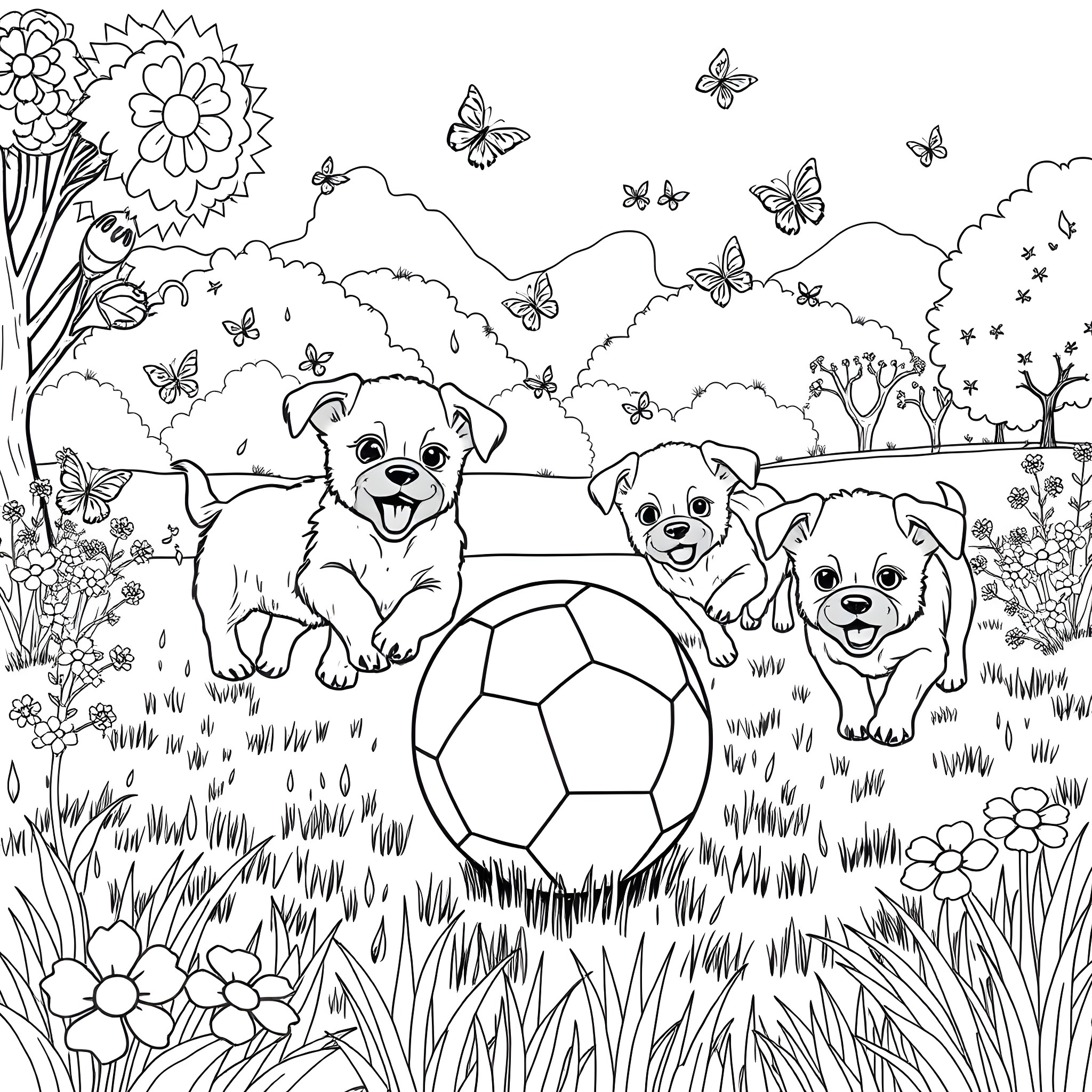 Puppy Playmates in the Flower-Filled Meadow Coloring Page (free black-and-white line drawing printable PDF for all, from beginners to advanced learners, including children, teens, adults, and seniors)
