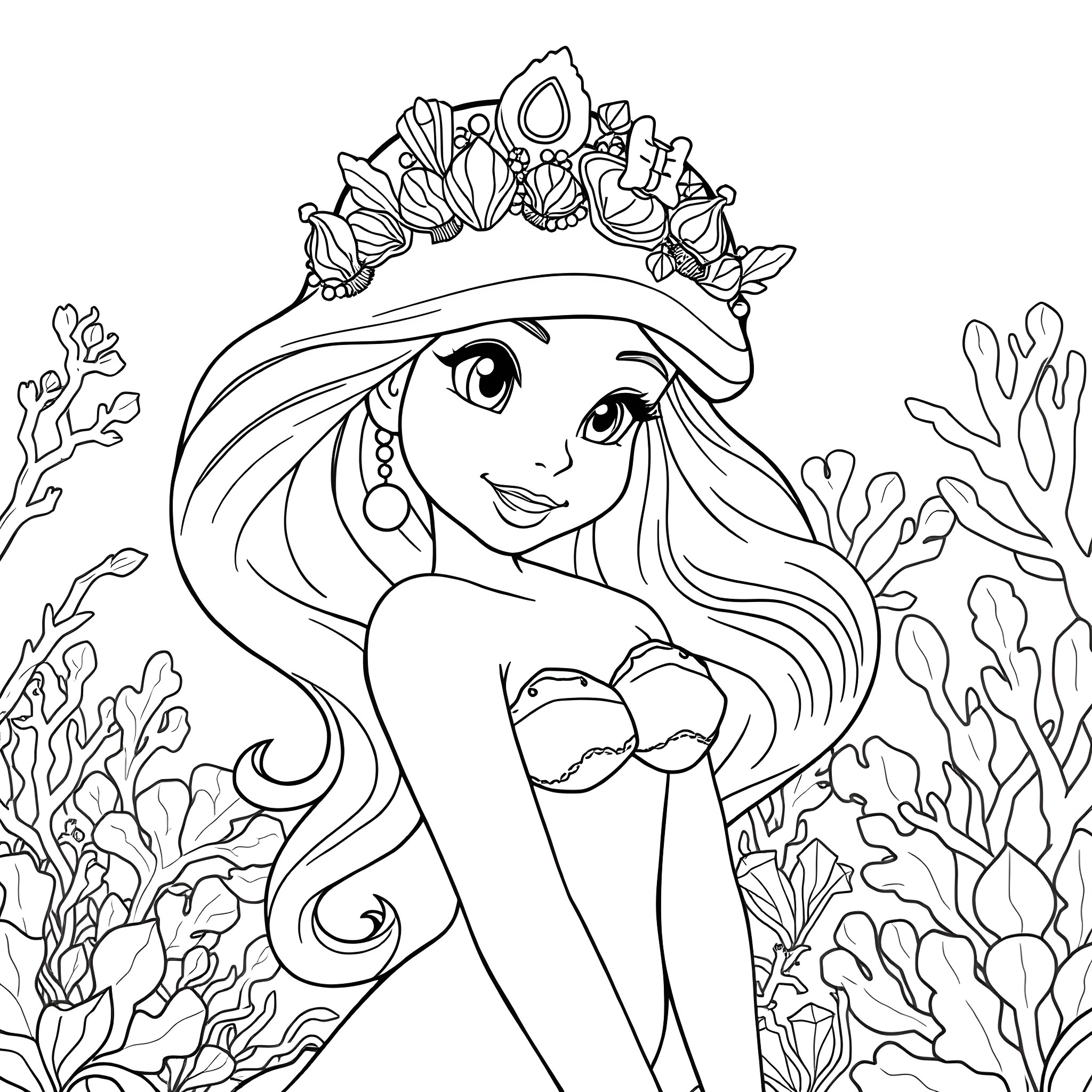 Ariel in the Underwater Kingdom Coloring Page (free black-and-white line drawing printable PDF for all, from beginners to advanced learners, including children, teens, adults, and seniors)