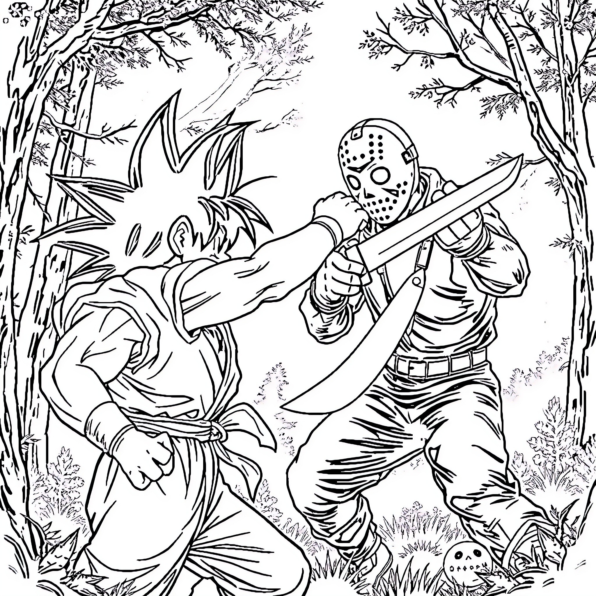Goku Battles Formidable Foe in Mysterious Forest Coloring Page (free black-and-white line drawing printable PDF for all, from beginners to advanced learners, including children, teens, adults, and seniors)