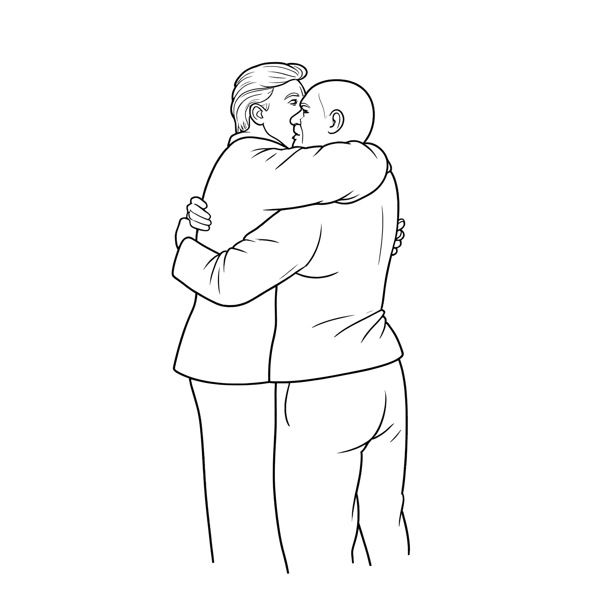 Donald Trump embracing a man in affection Coloring Page (free black-and-white line drawing printable PDF for all, from beginners to advanced learners, including children, teens, adults, and seniors)