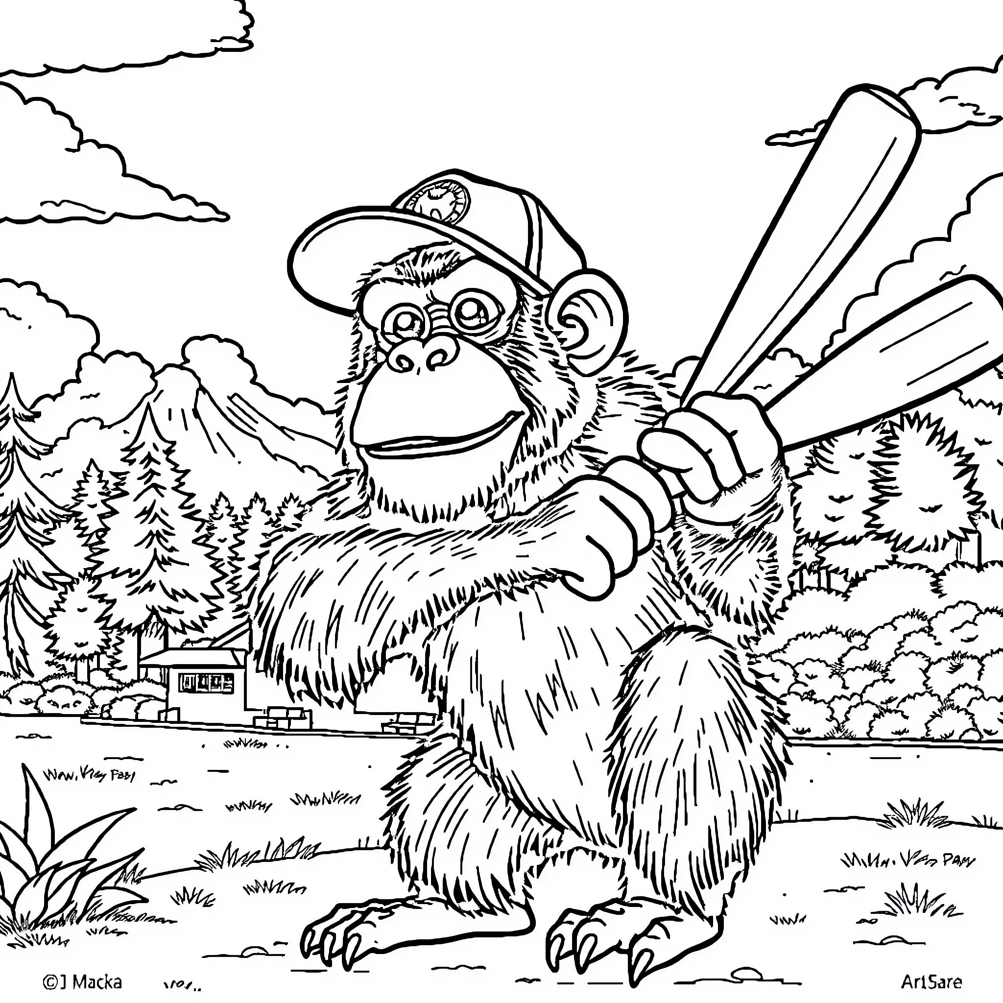 Monkey with baseball bat in the forest Coloring Page (free black-and-white line drawing printable PDF for all, from beginners to advanced learners, including children, teens, adults, and seniors)