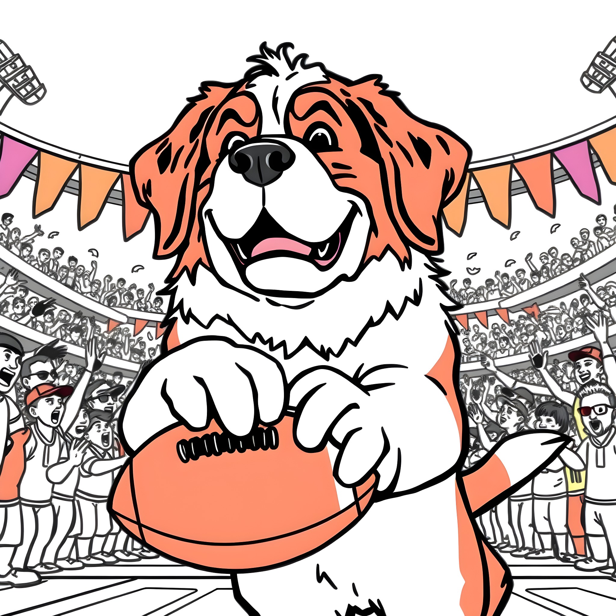Saint Bernard playing with football at sports event Coloring Page (free black-and-white line drawing printable PDF for all, from beginners to advanced learners, including children, teens, adults, and seniors)