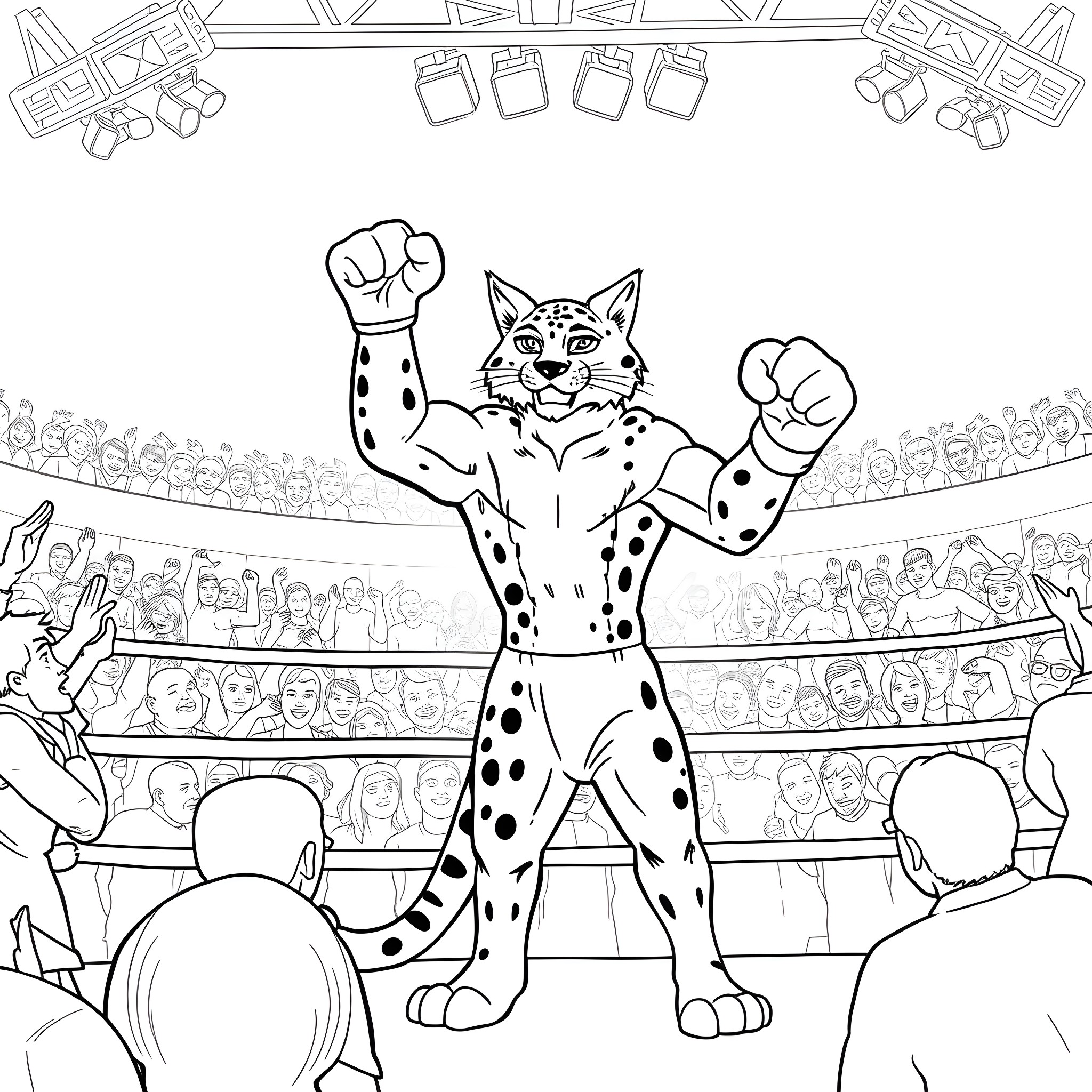 Lynx celebrating victory in the wrestling arena Coloring Page (free black-and-white line drawing printable PDF for all, from beginners to advanced learners, including children, teens, adults, and seniors)