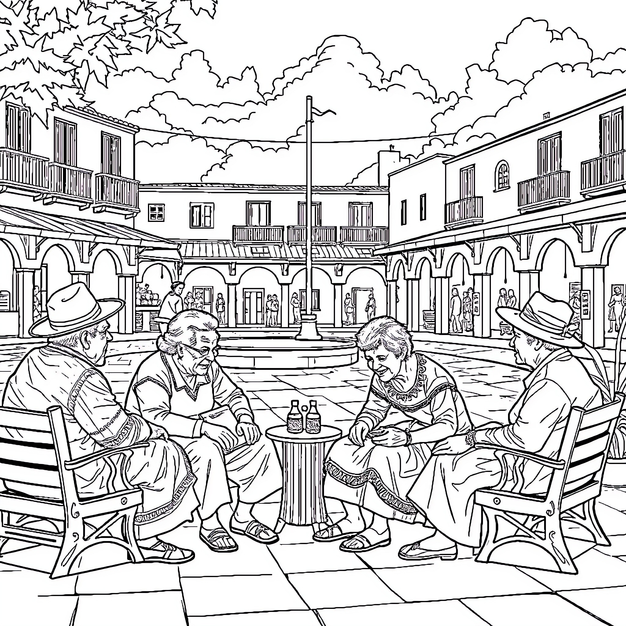Viejito's Afternoon Gathering in the Town Plaza Coloring Page (free black-and-white line drawing printable PDF for all, from beginners to advanced learners, including children, teens, adults, and seniors)
