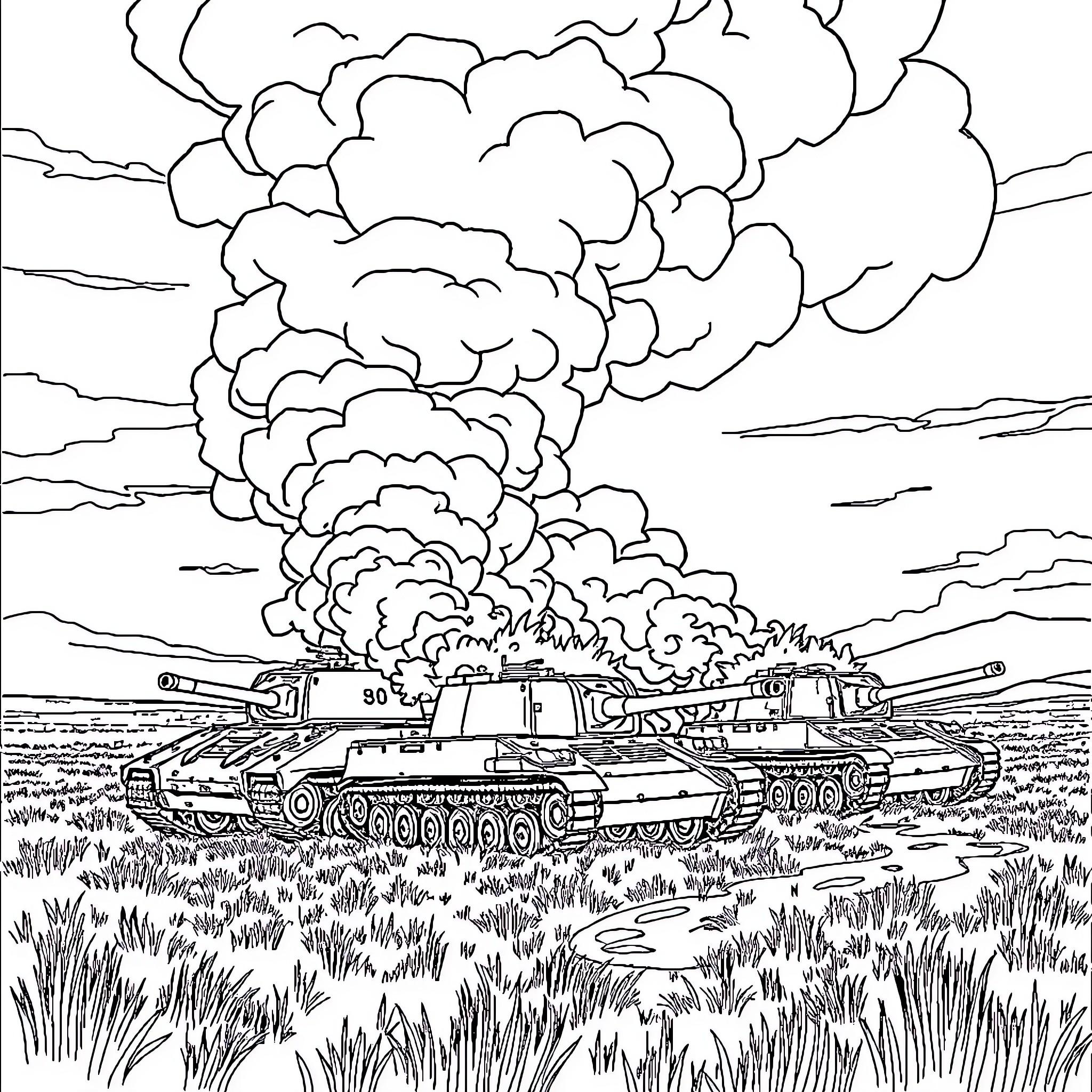 Tank Assault in a Smoky Battlefield Coloring Page (free black-and-white line drawing printable PDF for all, from beginners to advanced learners, including children, teens, adults, and seniors)