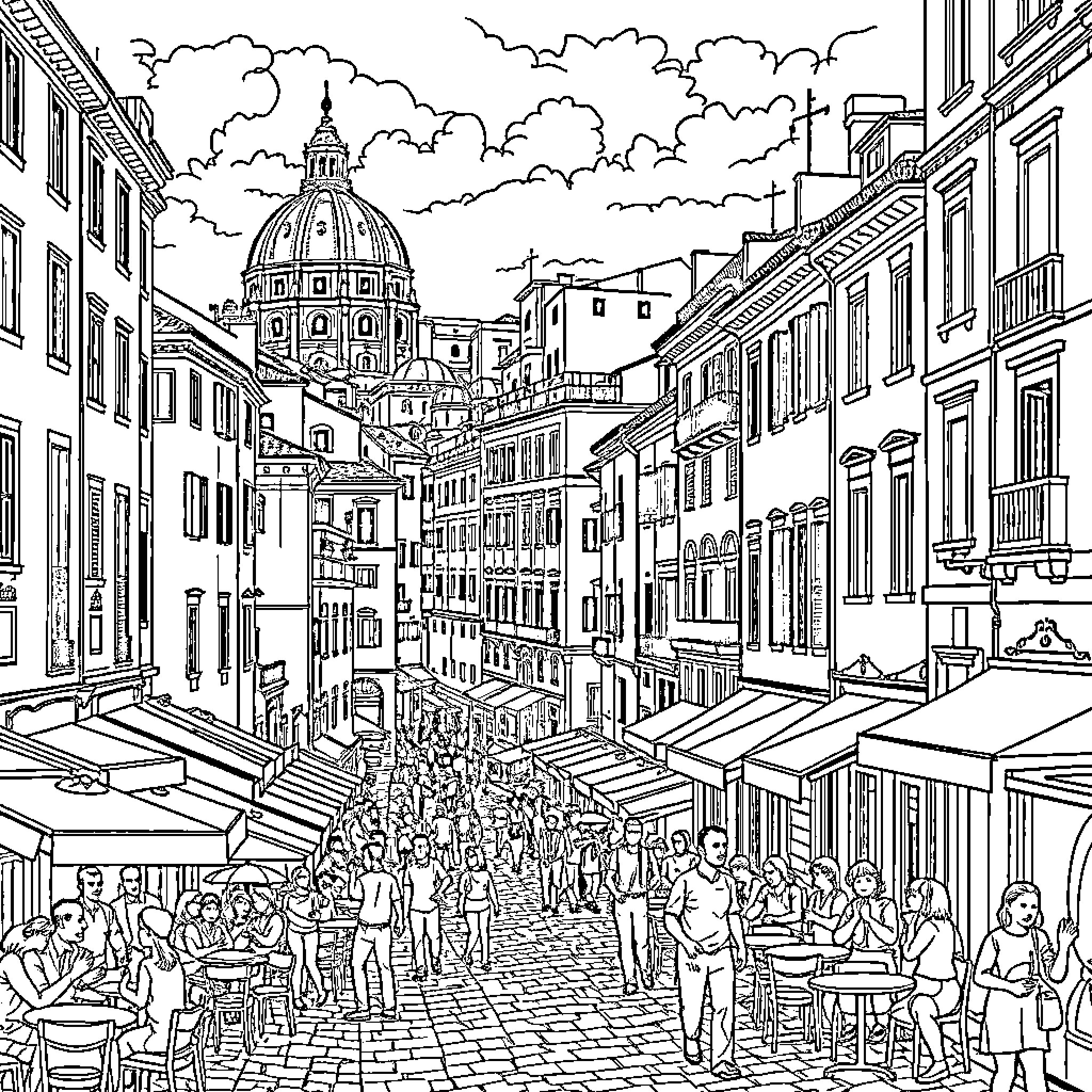 Rome's Lively Street Scene with Dome in the Distance Coloring Page (free black-and-white line drawing printable PDF for all, from beginners to advanced learners, including children, teens, adults, and seniors)