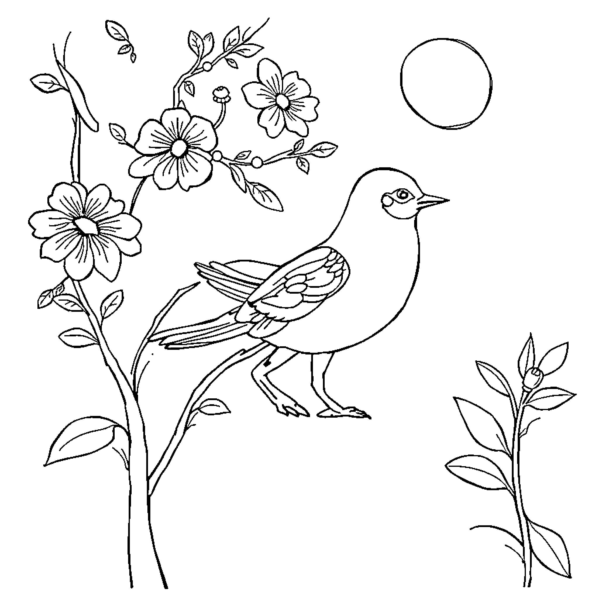 Butterfly among flowers with bird Coloring Page (free black-and-white line drawing printable PDF for all, from beginners to advanced learners, including children, teens, adults, and seniors)