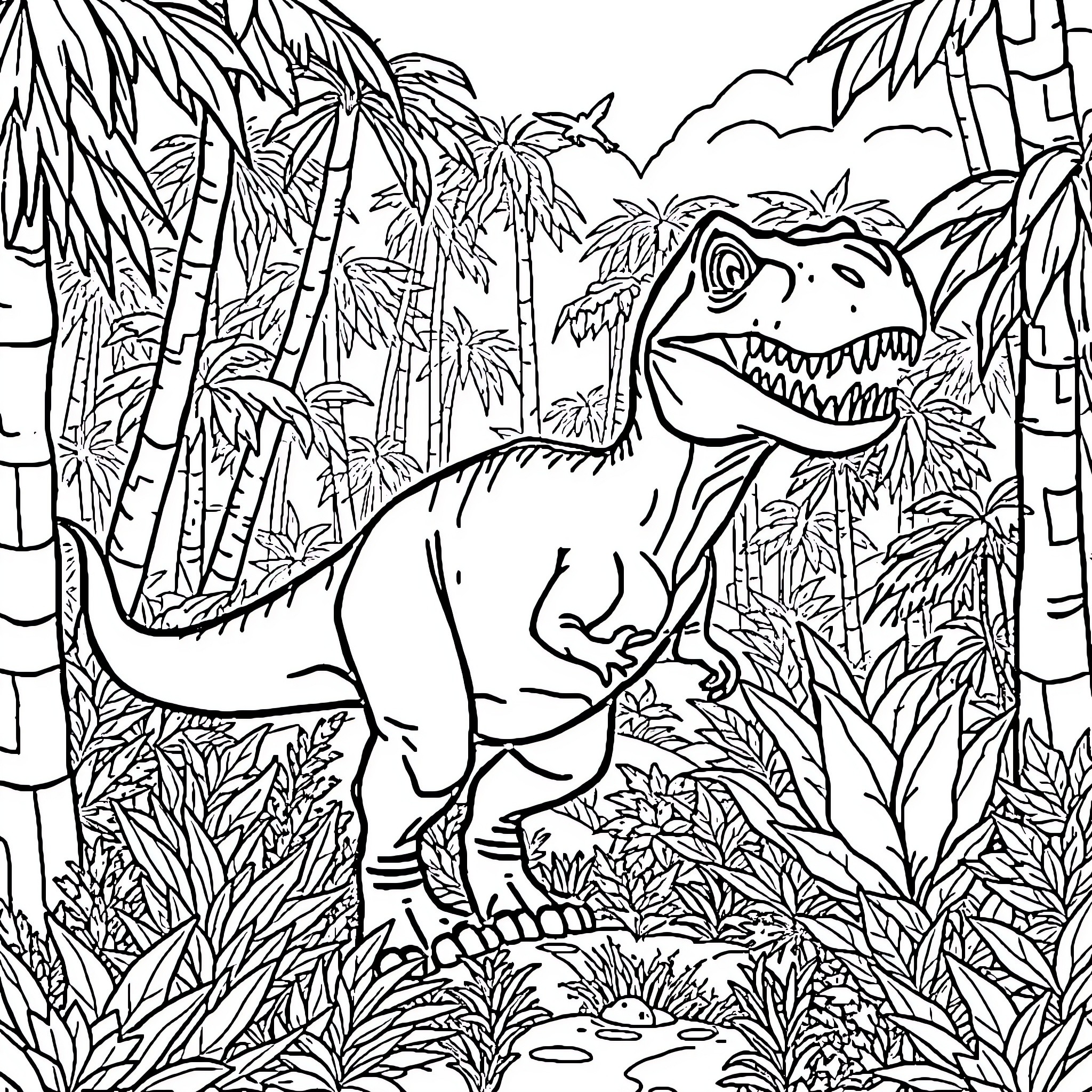 Tyrannosaurus Rex Roaming in Lush Jungle Landscape Coloring Page (free black-and-white line drawing printable PDF for all, from beginners to advanced learners, including children, teens, adults, and seniors)