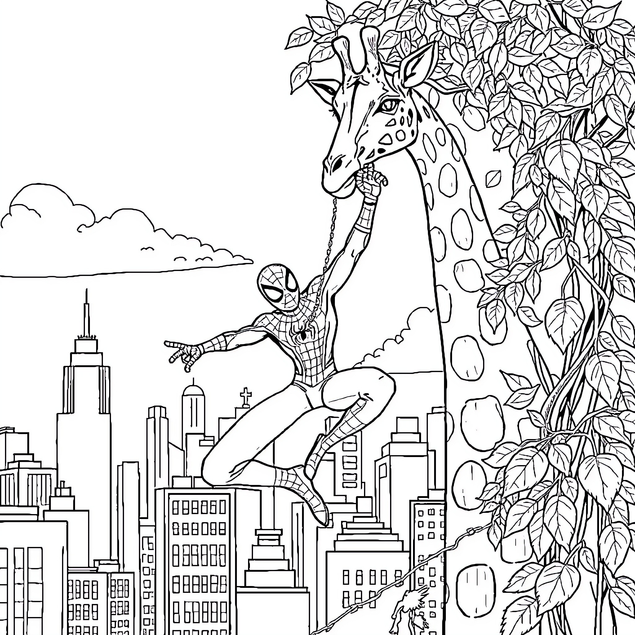 Giraffe superhero swinging through the city Coloring Page (free black-and-white line drawing printable PDF for all, from beginners to advanced learners, including children, teens, adults, and seniors)
