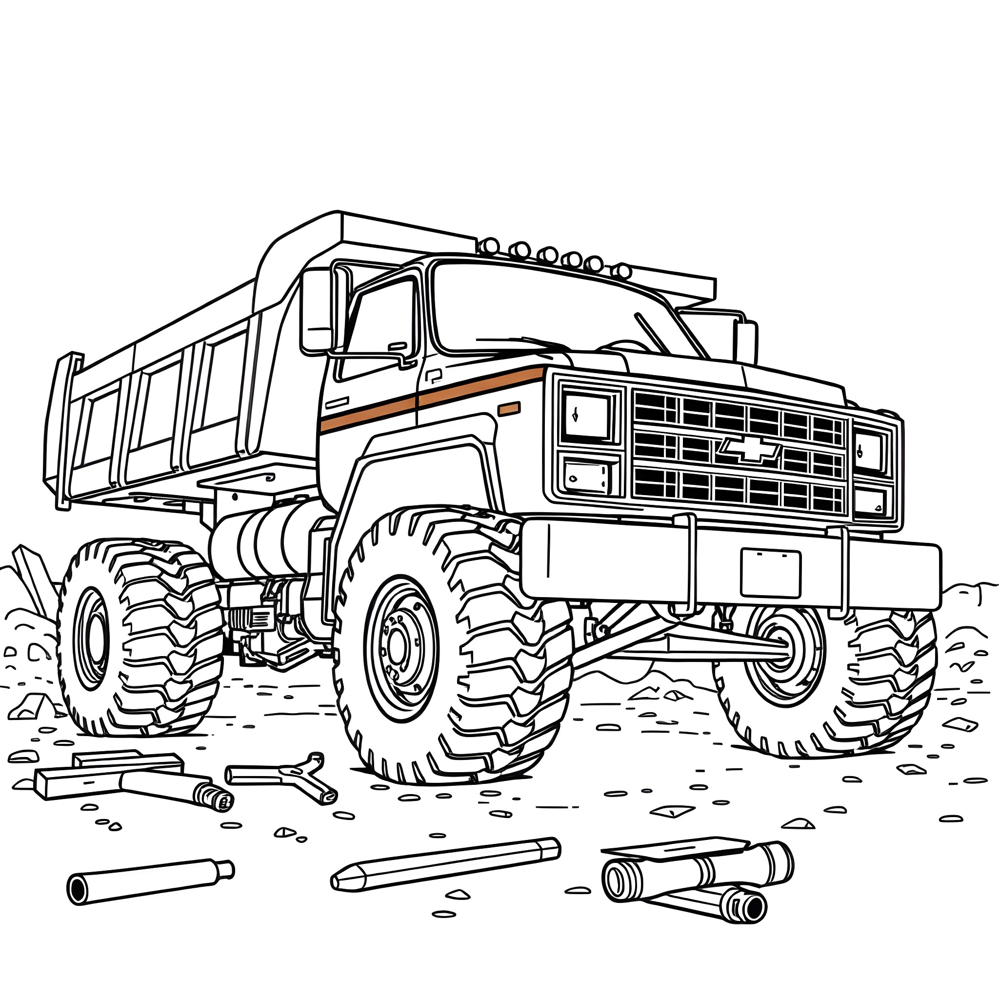 Chevy Dump Truck on Construction Site Coloring Page (free black-and-white line drawing printable PDF for all, from beginners to advanced learners, including children, teens, adults, and seniors)