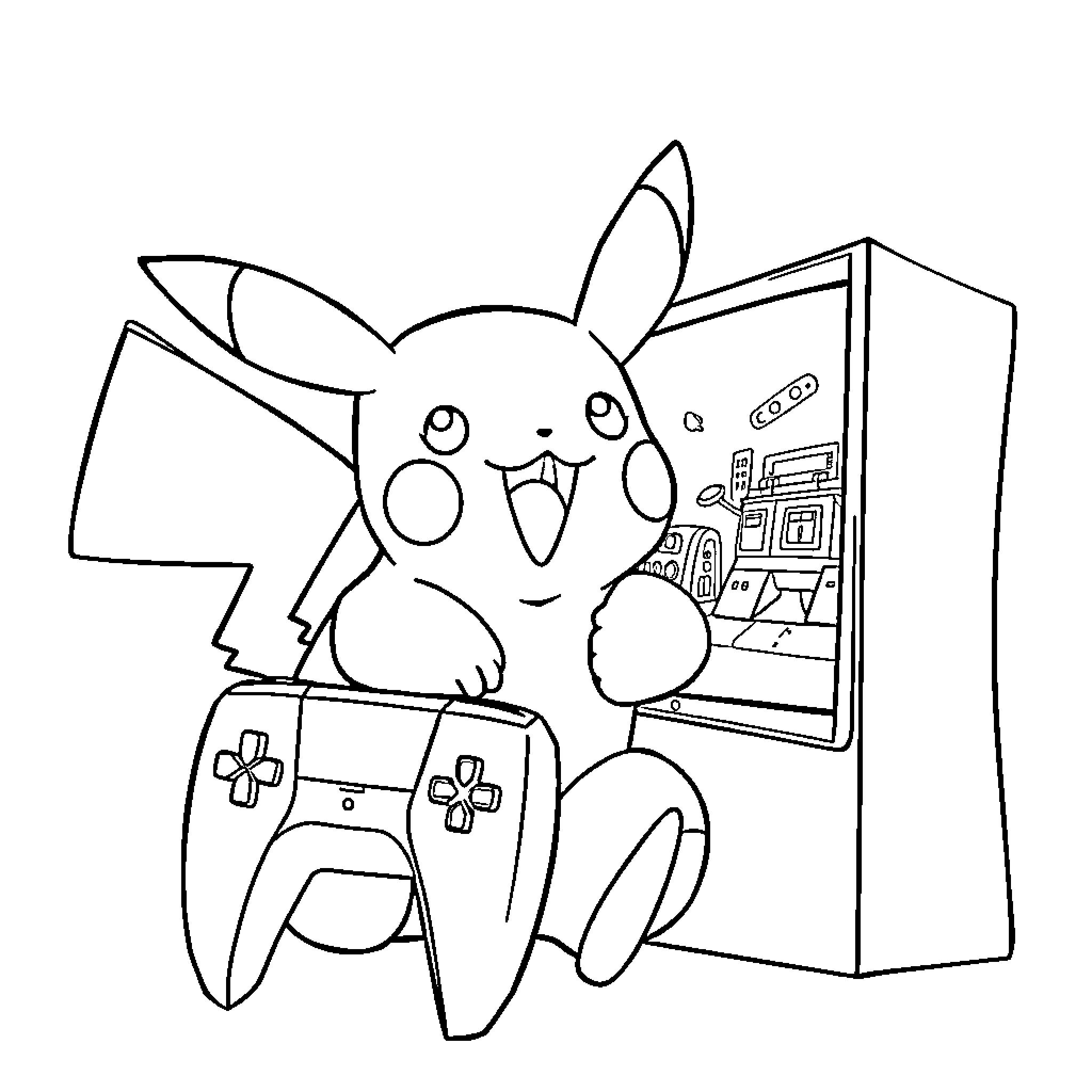 Pikachu playing video games on a console Coloring Page (free black-and-white line drawing printable PDF for all, from beginners to advanced learners, including children, teens, adults, and seniors)