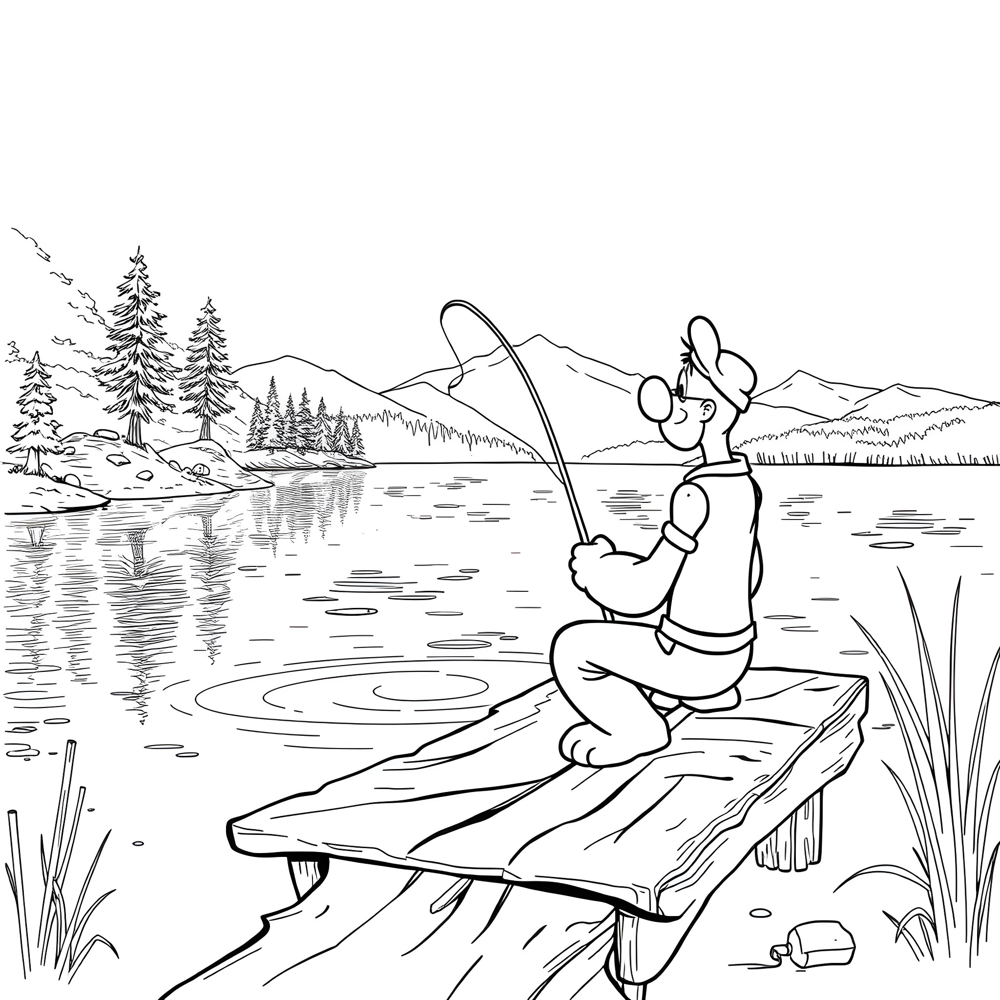 Popeye Fishing By The Lake Coloring Page (free black-and-white line drawing printable PDF for all, from beginners to advanced learners, including children, teens, adults, and seniors)