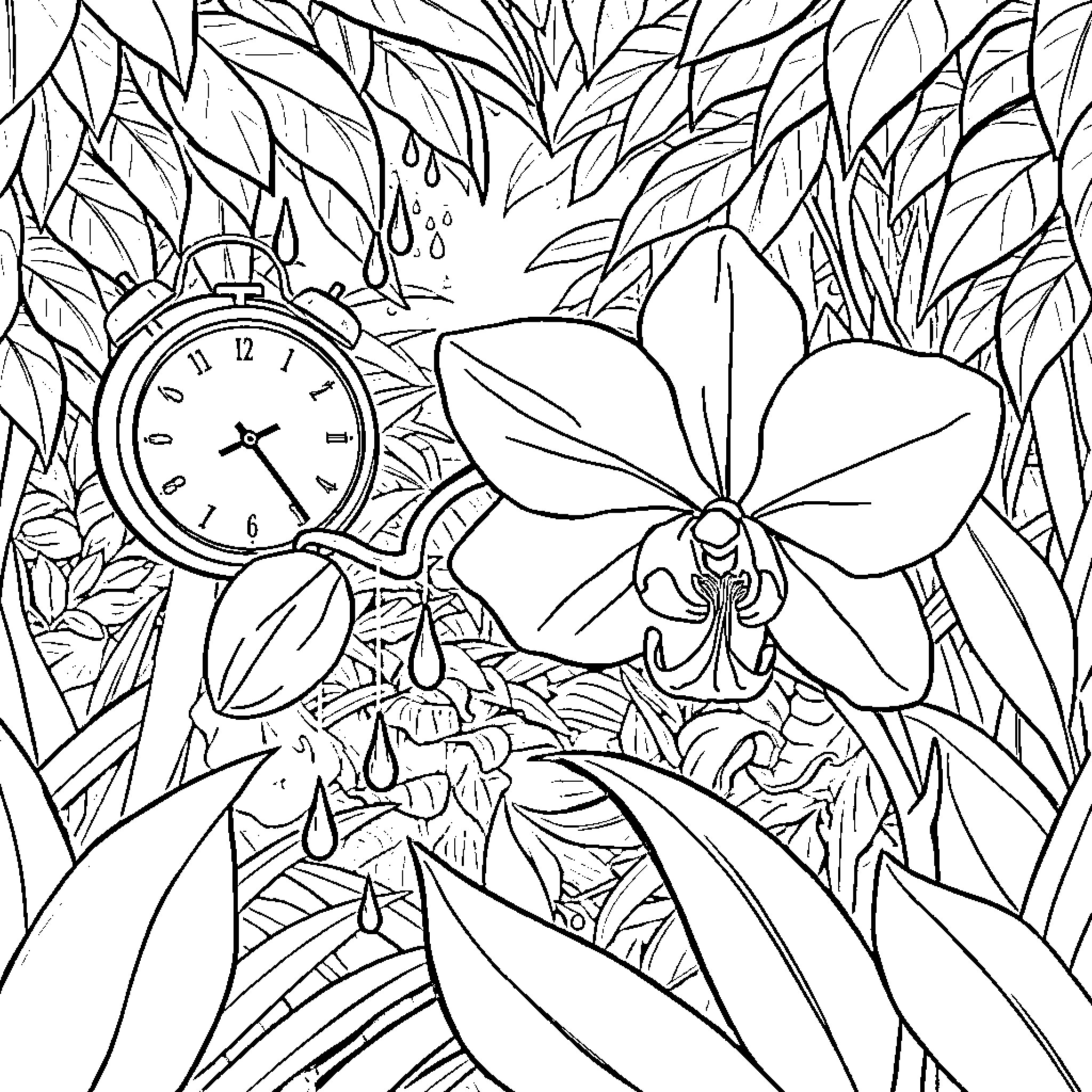 Orchid blooms with time in nature Coloring Page (free black-and-white line drawing printable PDF for all, from beginners to advanced learners, including children, teens, adults, and seniors)