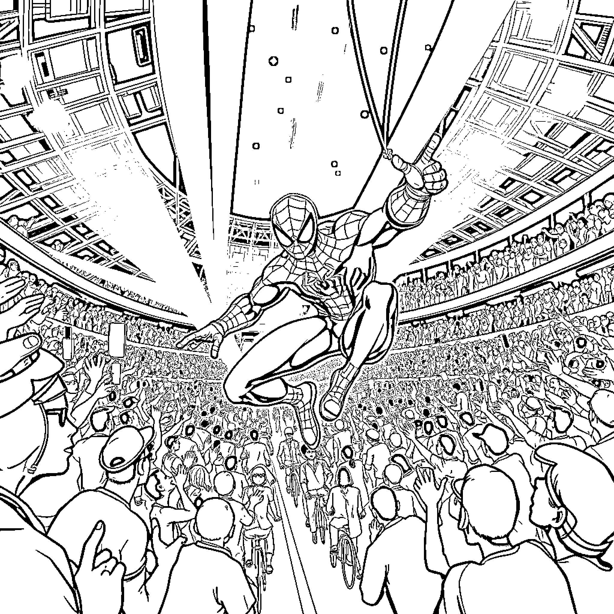 Spiderman swinging through a crowded stadium Coloring Page (free black-and-white line drawing printable PDF for all, from beginners to advanced learners, including children, teens, adults, and seniors)