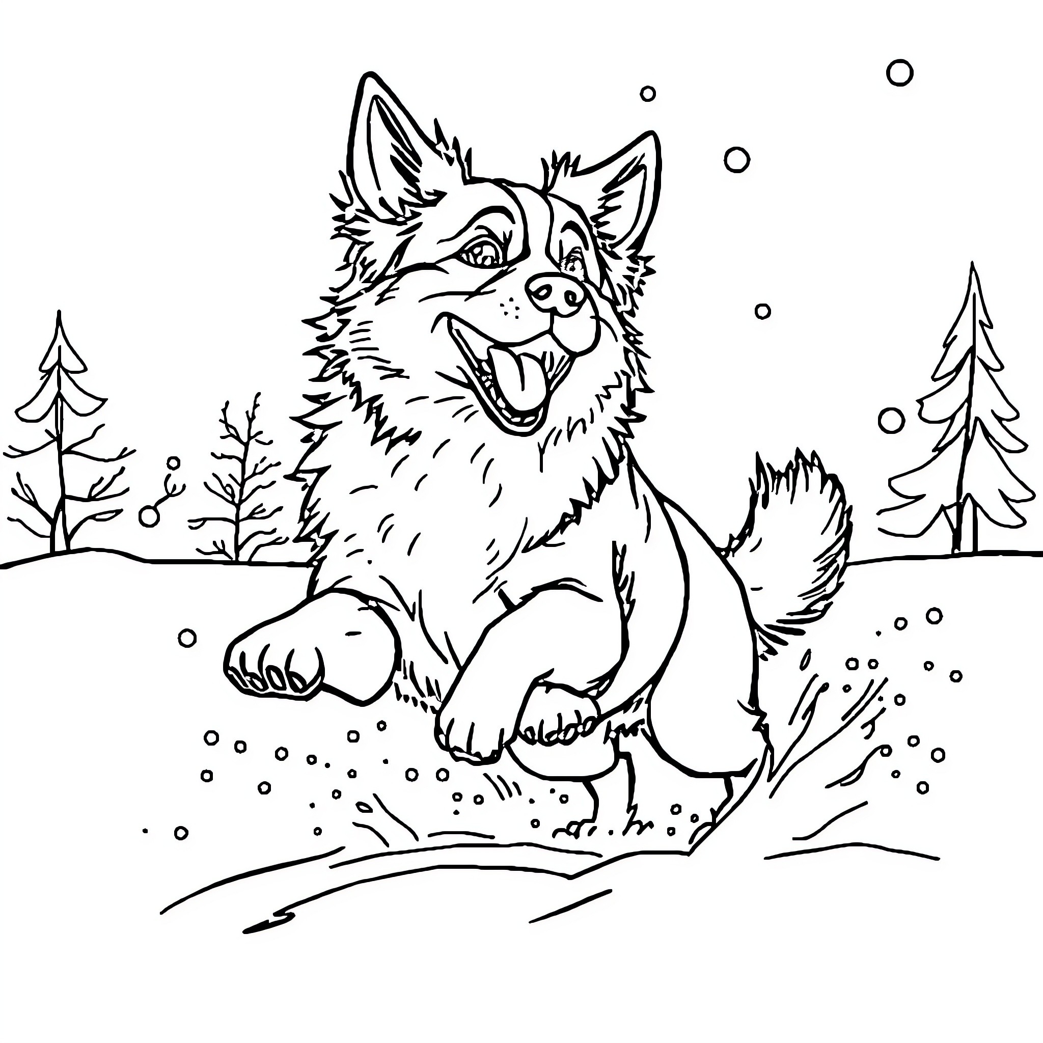 Dog playing joyfully in the snowy landscape Coloring Page (free black-and-white line drawing printable PDF for all, from beginners to advanced learners, including children, teens, adults, and seniors)