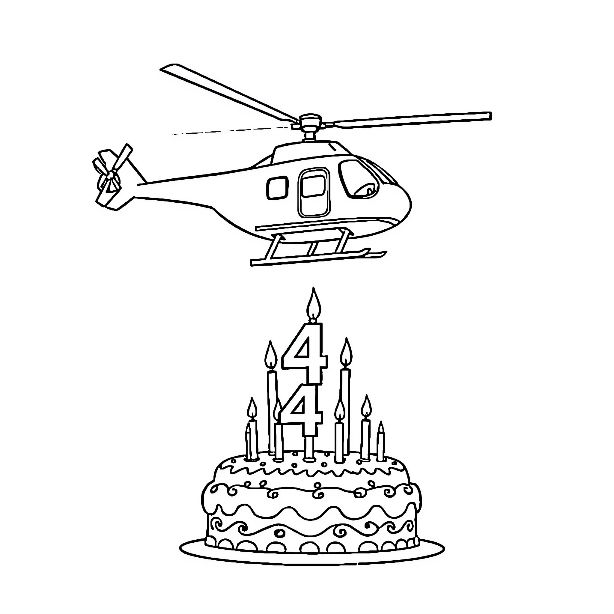 Helicopter flying over birthday cake Coloring Page (free black-and-white line drawing printable PDF for all, from beginners to advanced learners, including children, teens, adults, and seniors)