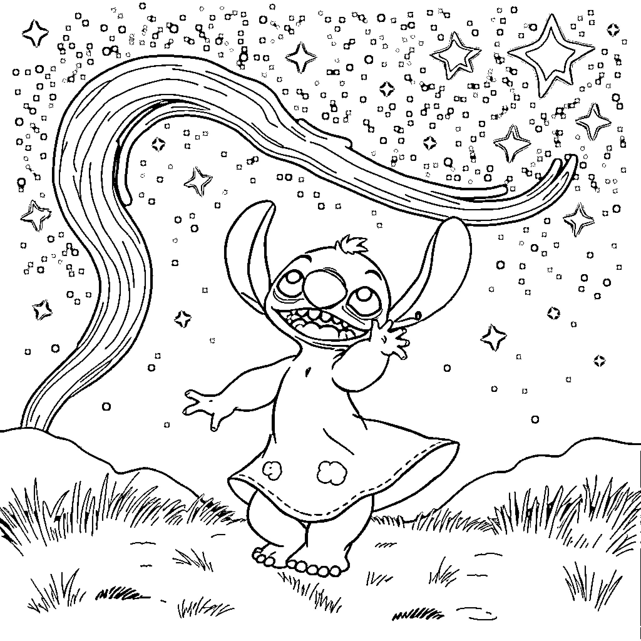 Stitch dancing under the starry sky Coloring Page (free black-and-white line drawing printable PDF for all, from beginners to advanced learners, including children, teens, adults, and seniors)