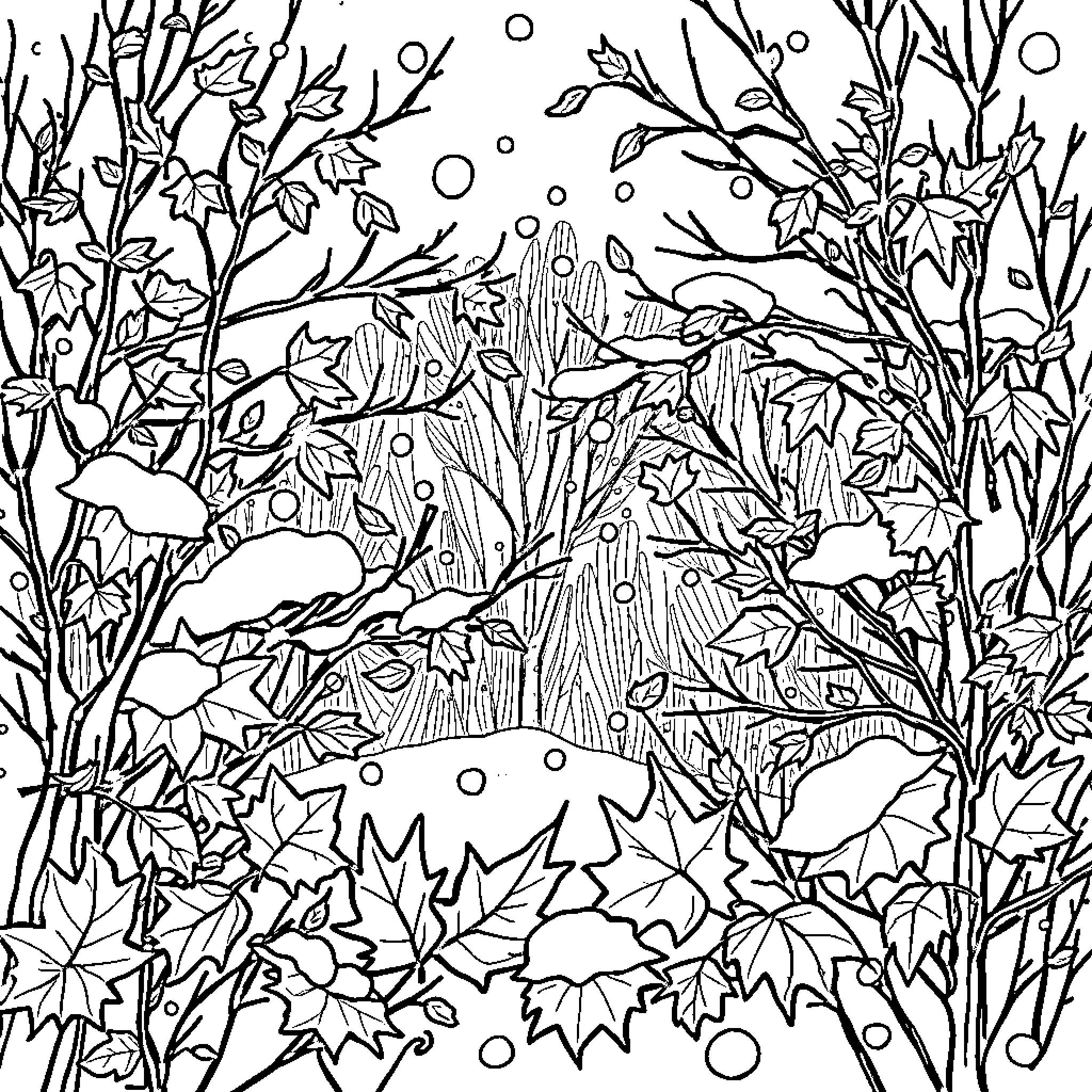 Fall and Winter Forest Scene with Leaves and Snowflakes Coloring Page (free black-and-white line drawing printable PDF for all, from beginners to advanced learners, including children, teens, adults, and seniors)