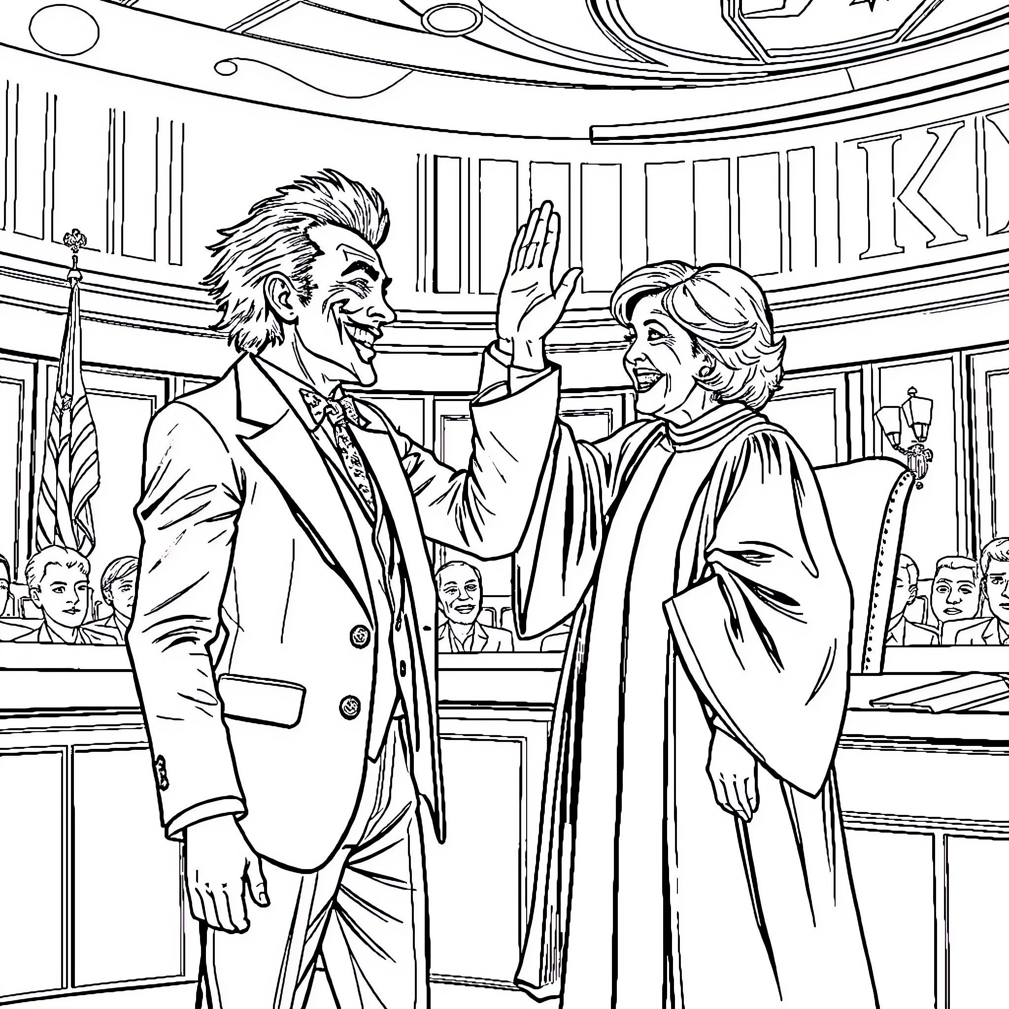 Joker in the Courtroom: A Dramatic Encounter Coloring Page (free black-and-white line drawing printable PDF for all, from beginners to advanced learners, including children, teens, adults, and seniors)