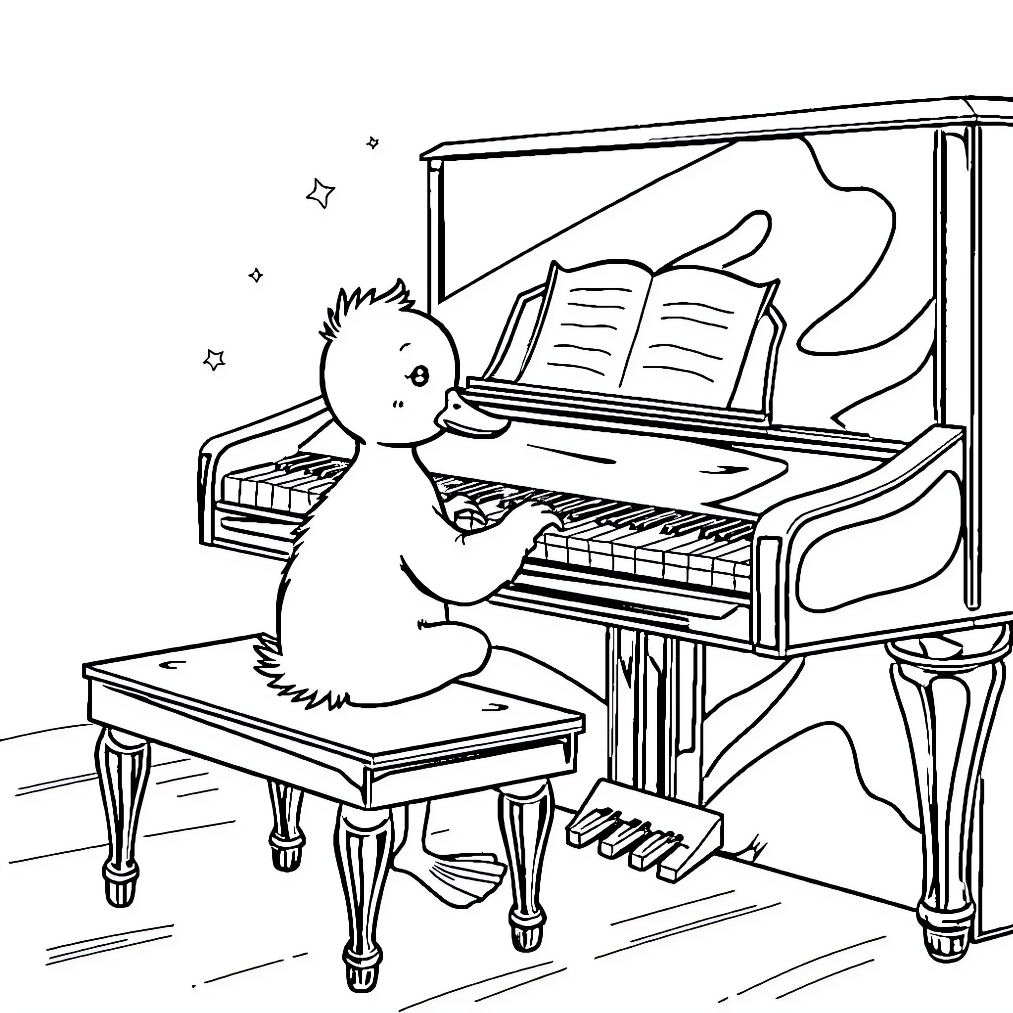 Duck playing piano in a musical scene Coloring Page (free black-and-white line drawing printable PDF for all, from beginners to advanced learners, including children, teens, adults, and seniors)