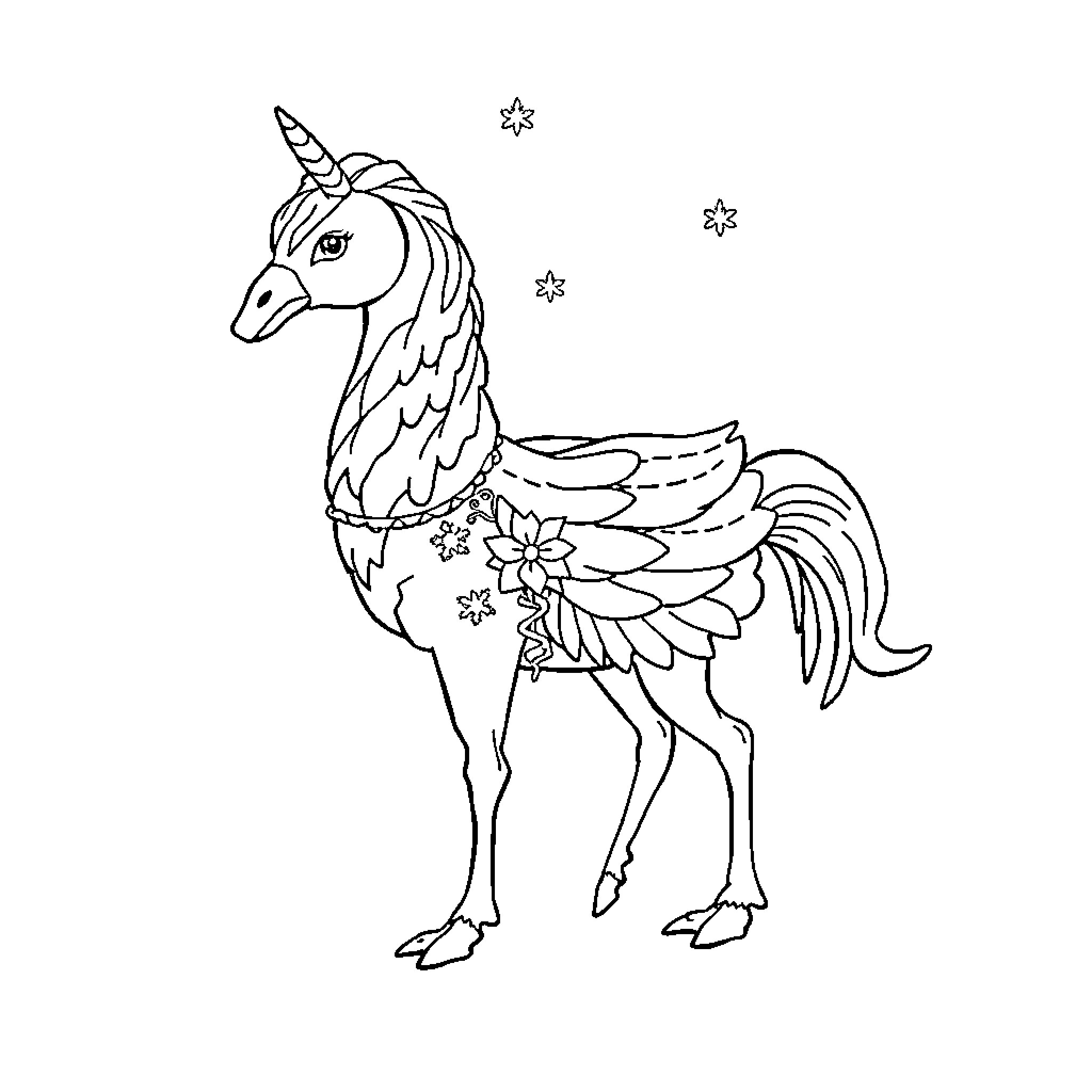 Swan-like unicorn with floral decorations Coloring Page (free black-and-white line drawing printable PDF for all, from beginners to advanced learners, including children, teens, adults, and seniors)