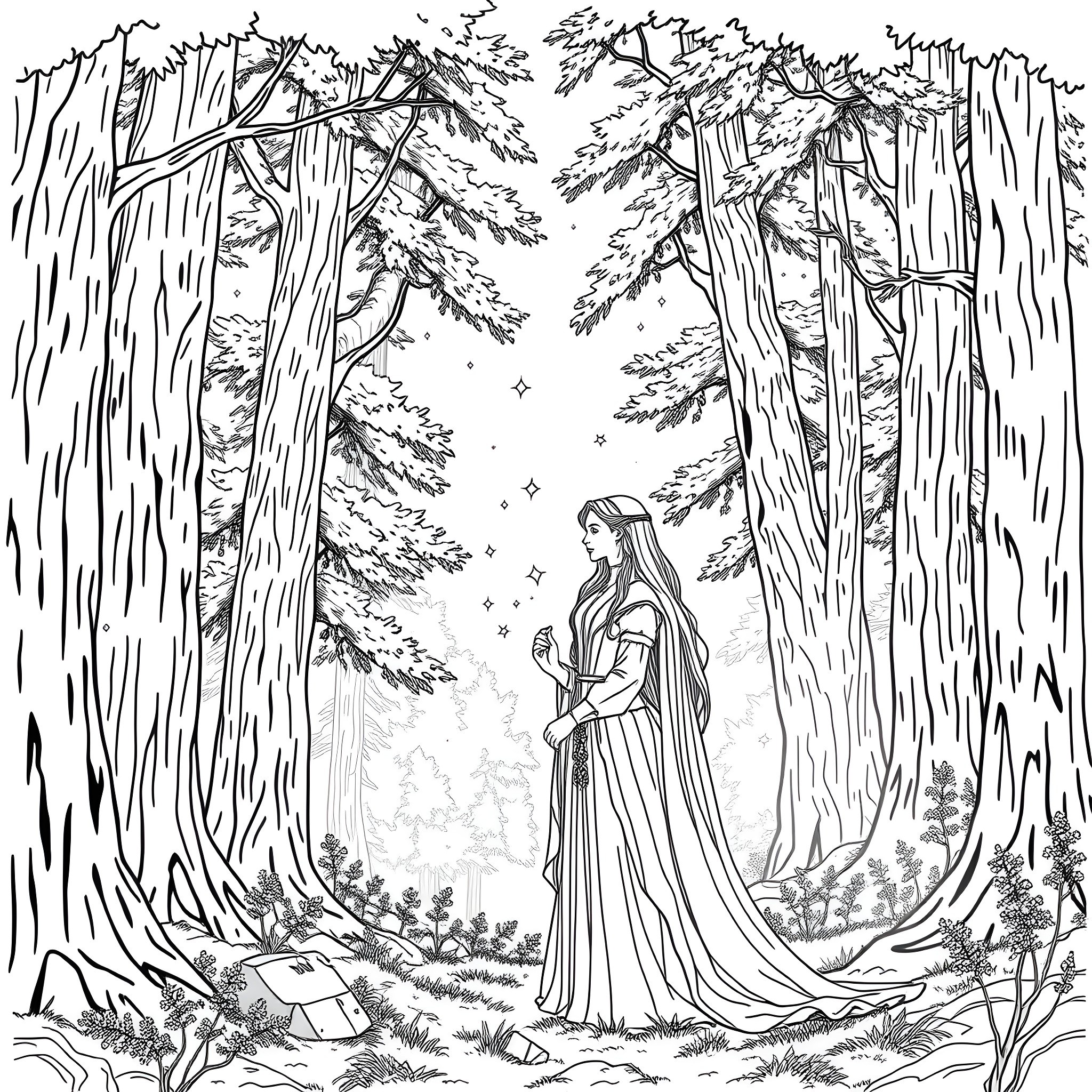Feyre and Tamlin's Enchanted Forest Encounter Coloring Page (free black-and-white line drawing printable PDF for all, from beginners to advanced learners, including children, teens, adults, and seniors)