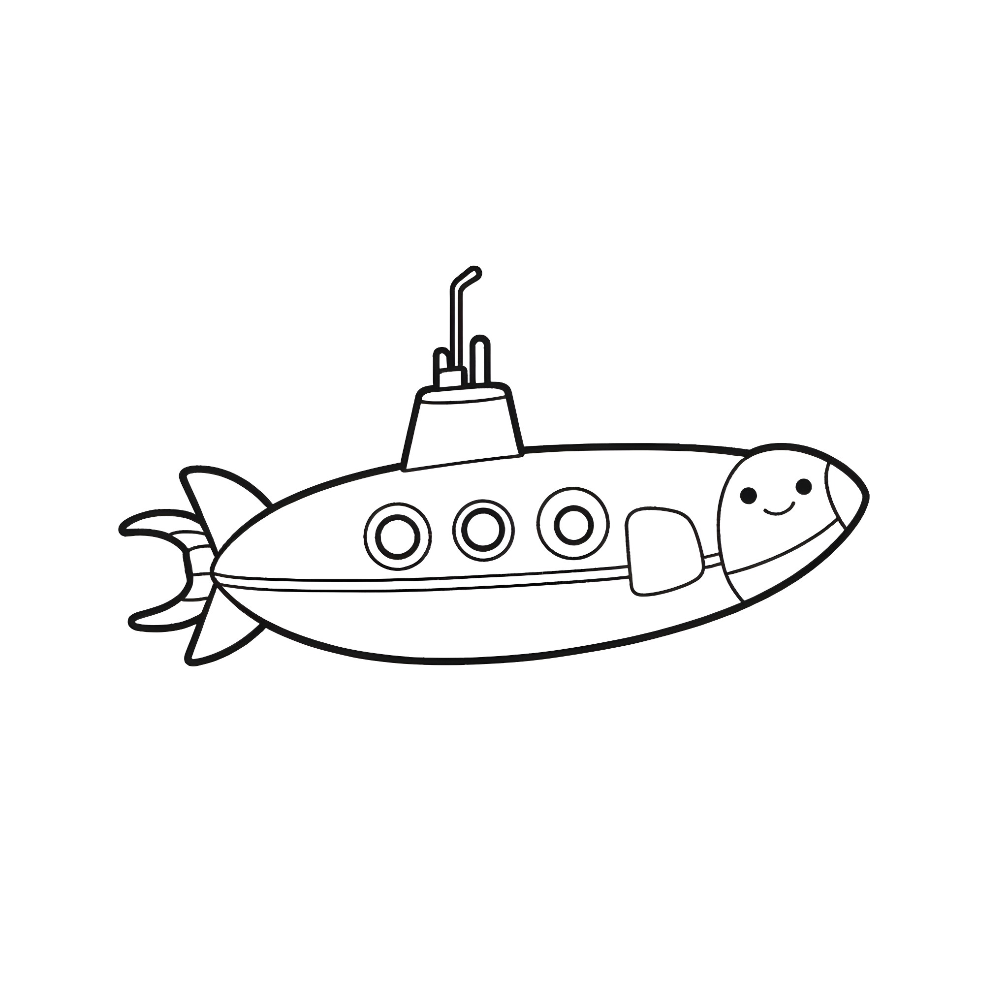 Submarine with a friendly face Coloring Page (free black-and-white line drawing printable PDF for all, from beginners to advanced learners, including children, teens, adults, and seniors)