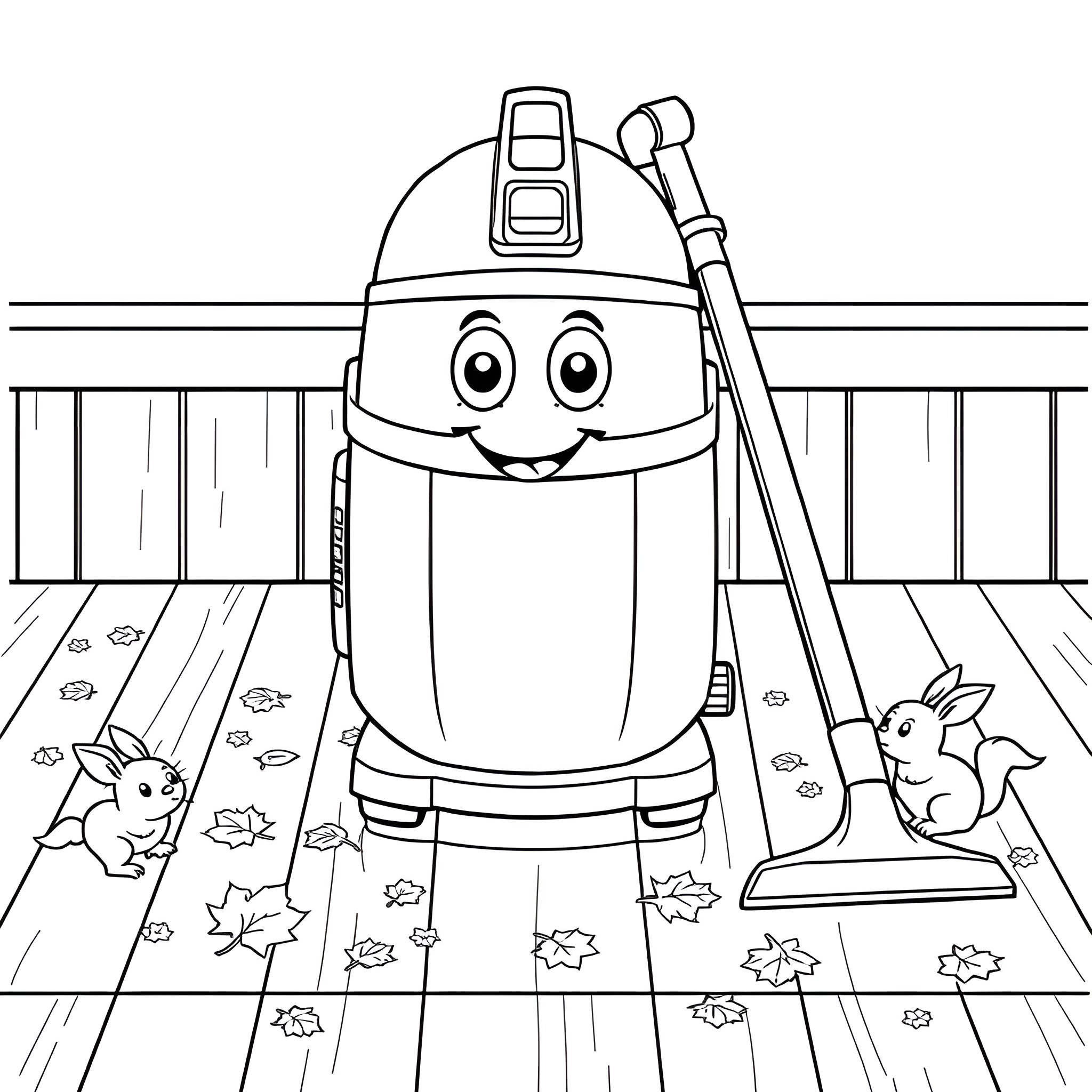Henry Hoover Cleaning Happily with Bunny Companions Coloring Page (free black-and-white line drawing printable PDF for all, from beginners to advanced learners, including children, teens, adults, and seniors)