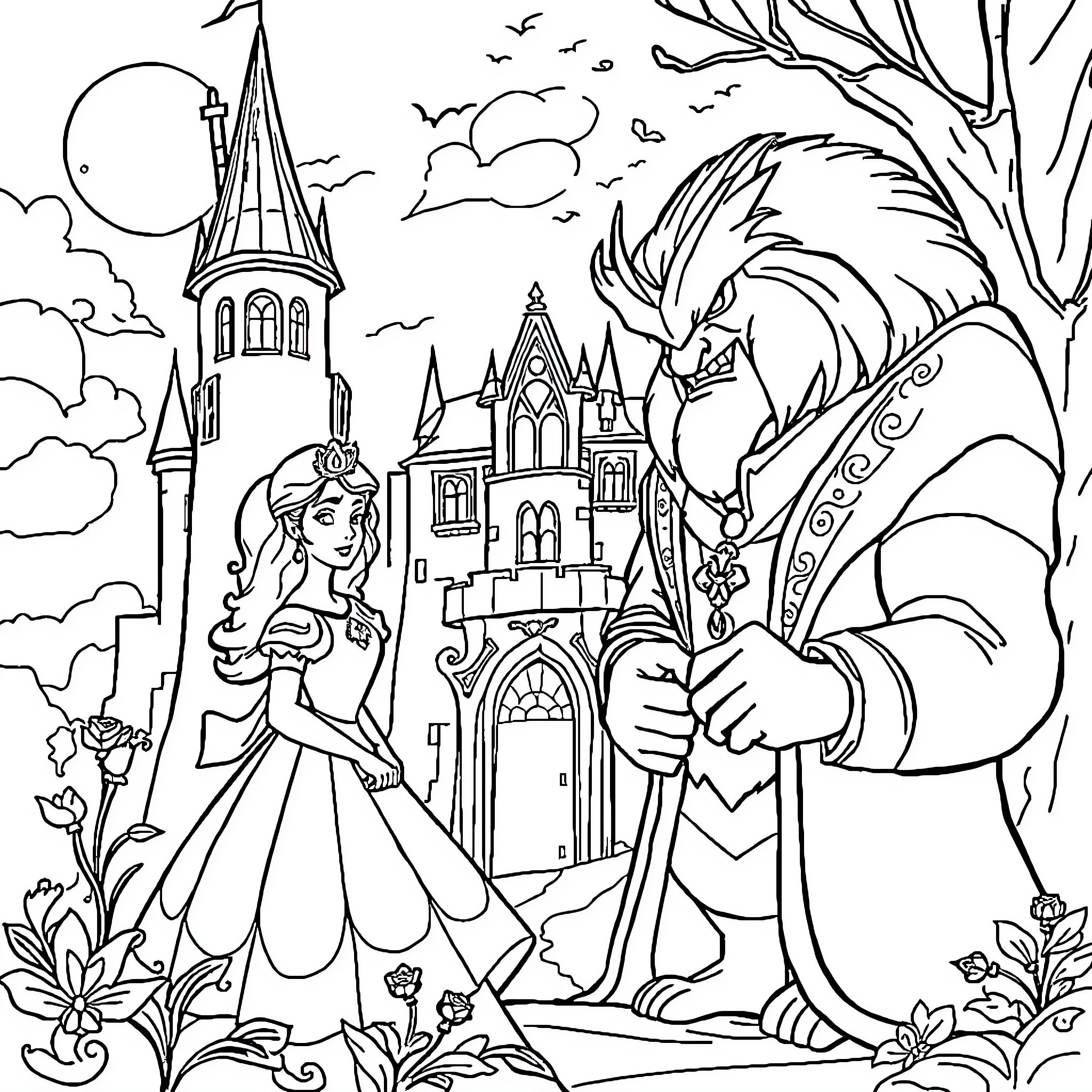 Beauty and the Beast in a Fairytale Scene Coloring Page (free black-and-white line drawing printable PDF for all, from beginners to advanced learners, including children, teens, adults, and seniors)