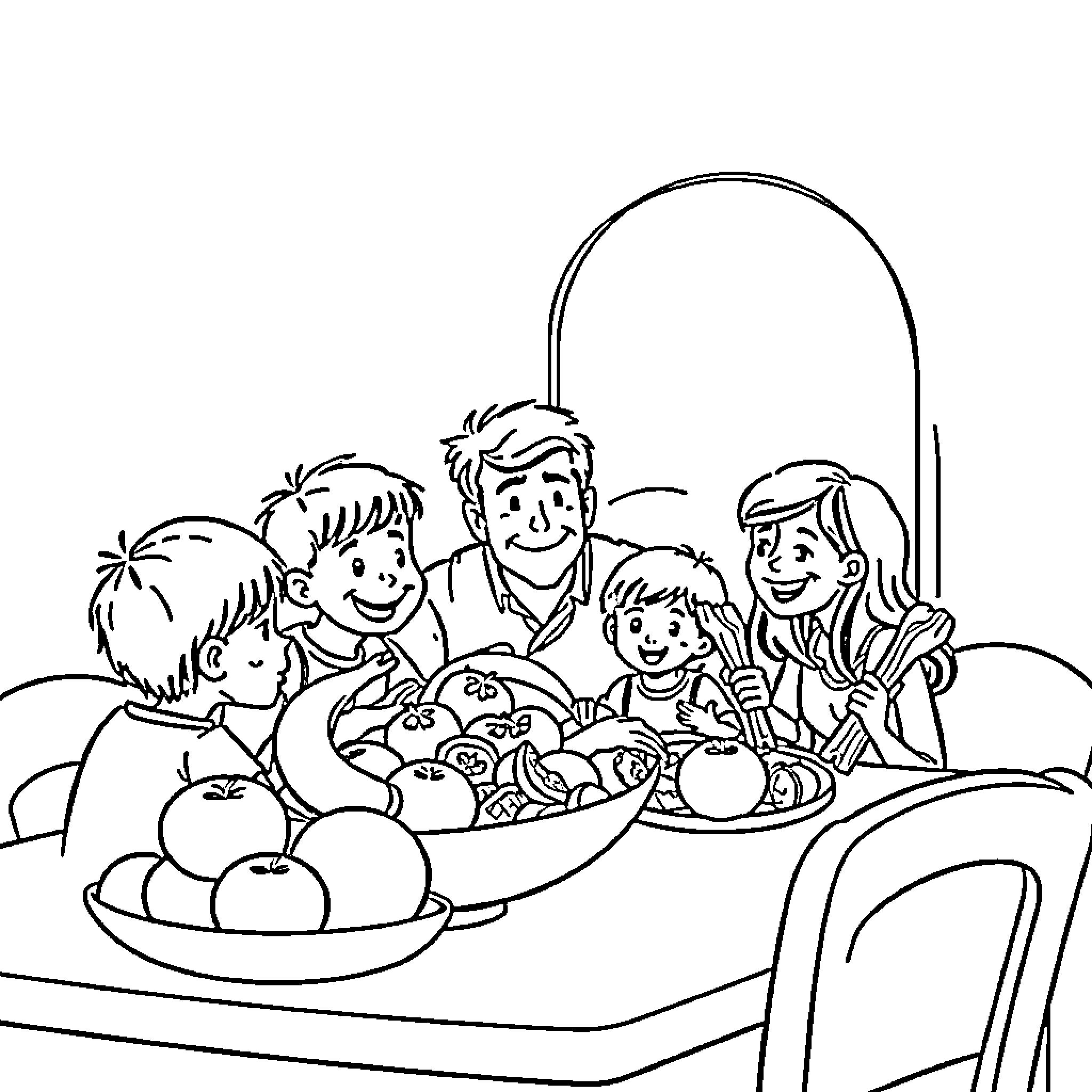 Fruit Bowl with Happy Family Gathering Coloring Page (free black-and-white line drawing printable PDF for all, from beginners to advanced learners, including children, teens, adults, and seniors)