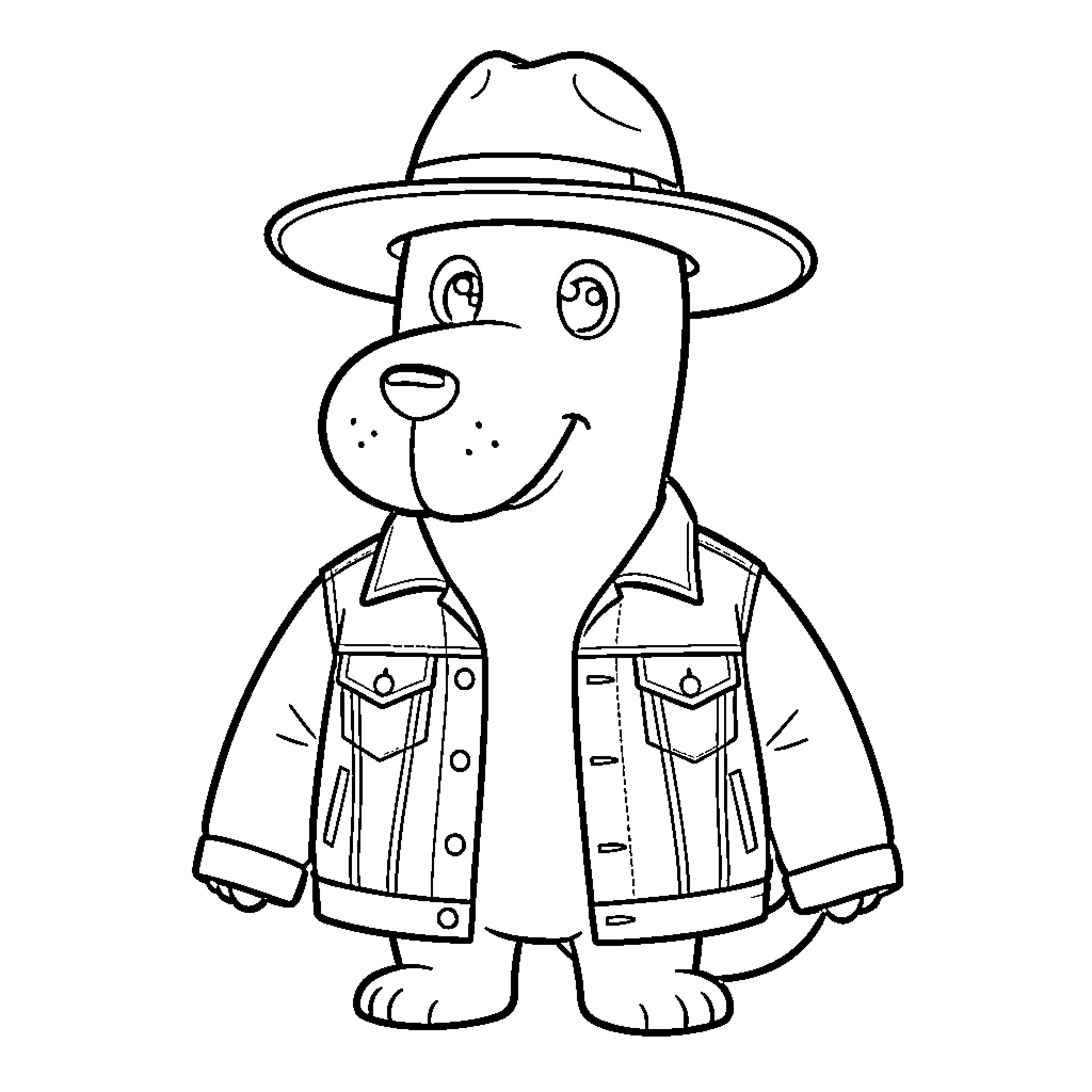 Perro wearing a hat and denim jacket Coloring Page (free black-and-white line drawing printable PDF for all, from beginners to advanced learners, including children, teens, adults, and seniors)