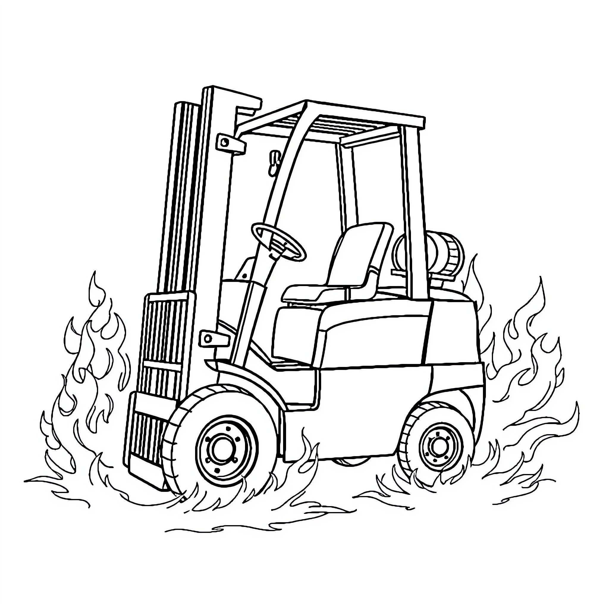 Forklift performing heroic maneuver through fiery obstacles Coloring Page (free black-and-white line drawing printable PDF for all, from beginners to advanced learners, including children, teens, adults, and seniors)