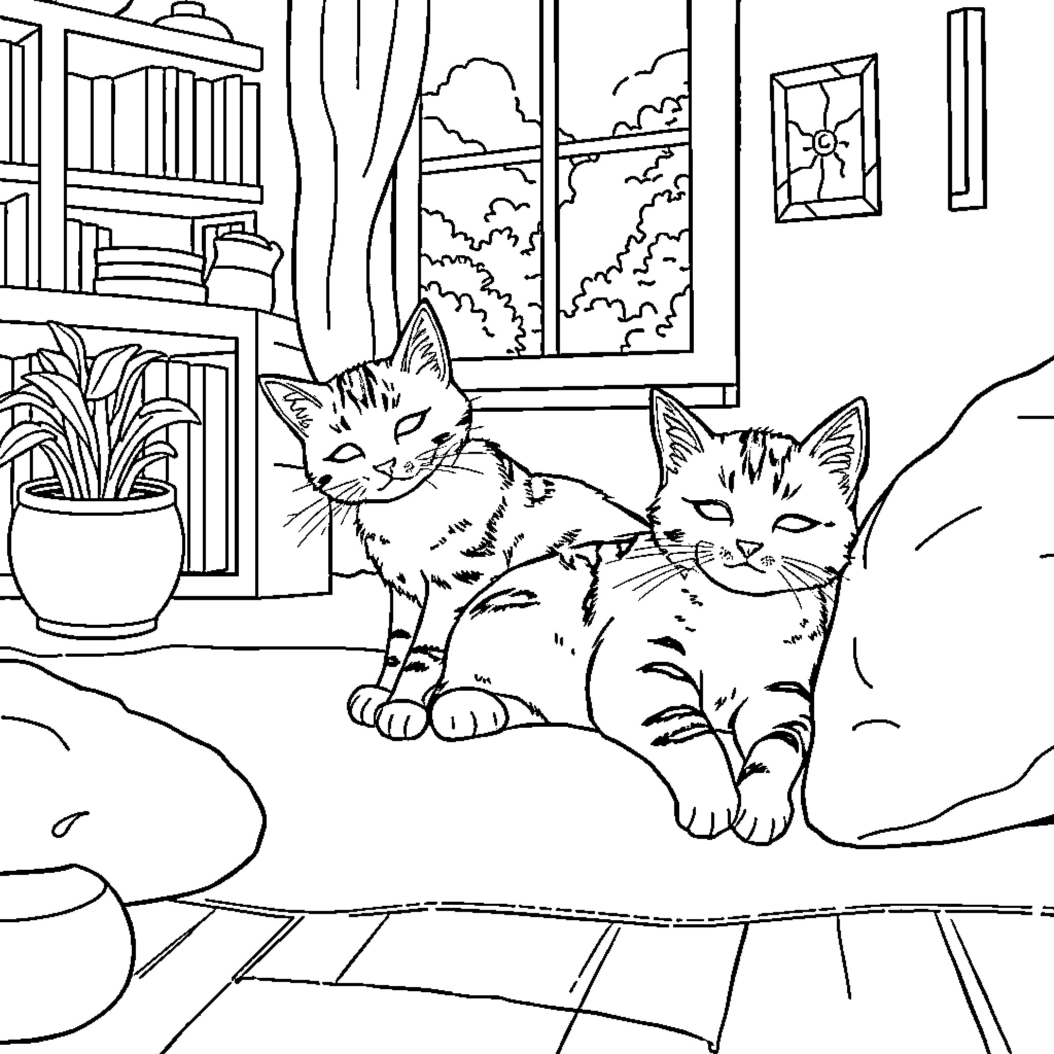 Cat Companions Napping in Cozy Interior Coloring Page (free black-and-white line drawing printable PDF for all, from beginners to advanced learners, including children, teens, adults, and seniors)