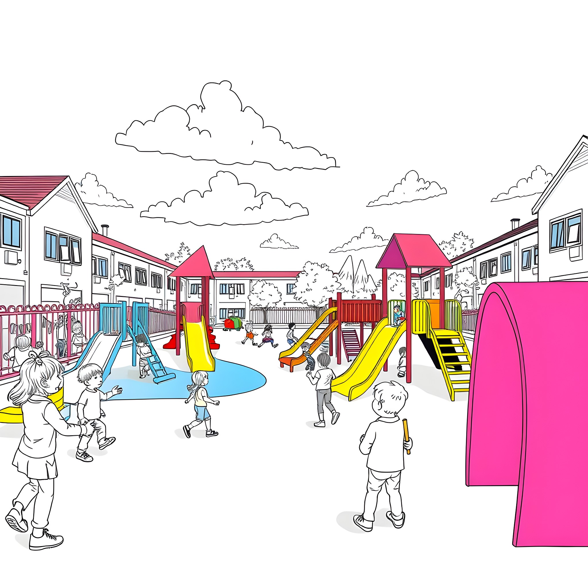 Children Playing on Colorful Playground Equipment Coloring Page (free black-and-white line drawing printable PDF for all, from beginners to advanced learners, including children, teens, adults, and seniors)