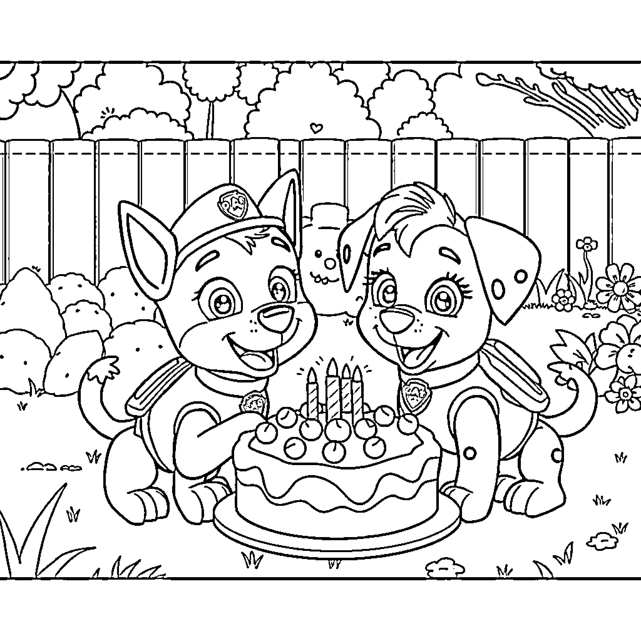 Bluey and Friends Celebrate with Cake in the Backyard Coloring Page (free black-and-white line drawing printable PDF for all, from beginners to advanced learners, including children, teens, adults, and seniors)