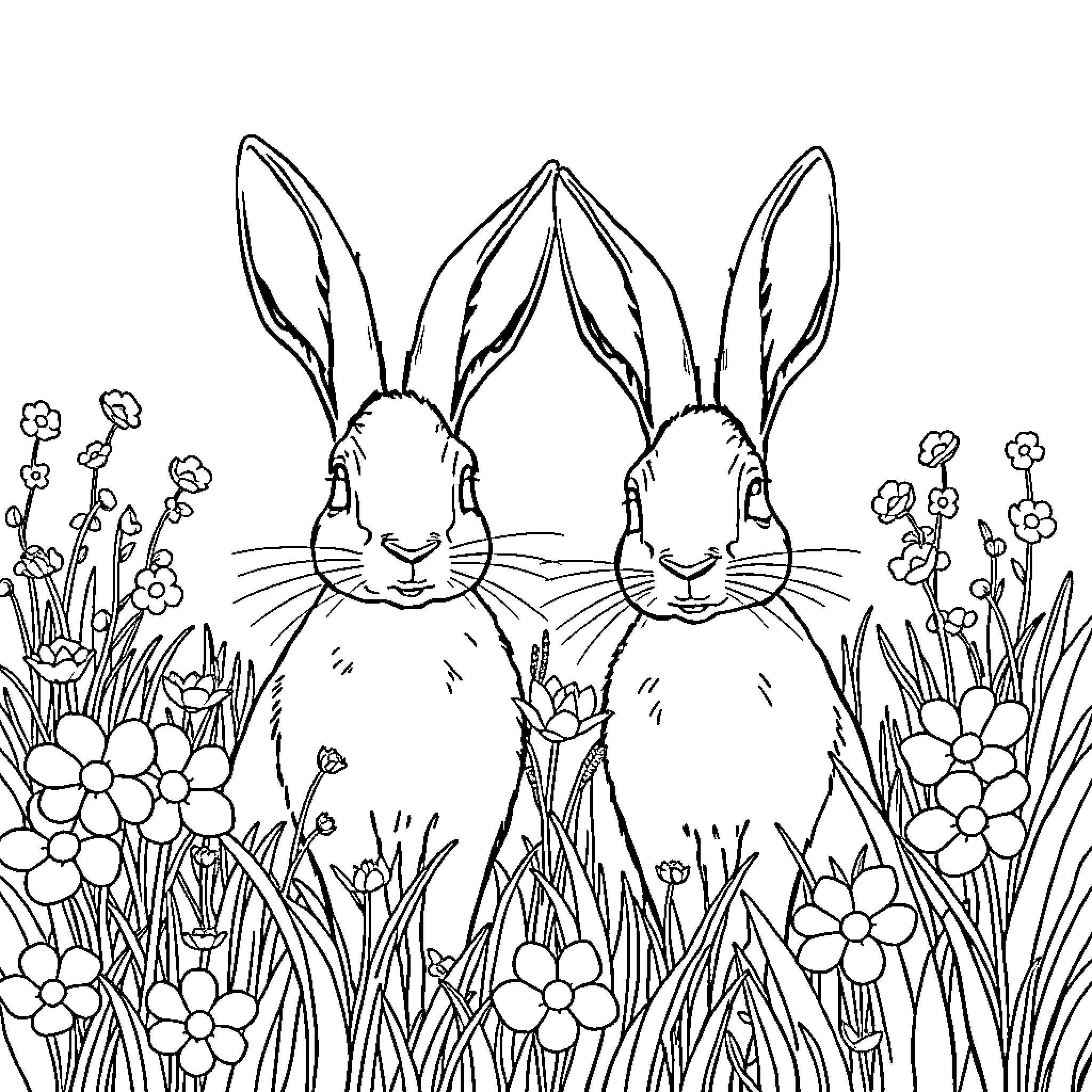 Rabbit duo enjoying spring meadow with flowers Coloring Page (free black-and-white line drawing printable PDF for all, from beginners to advanced learners, including children, teens, adults, and seniors)