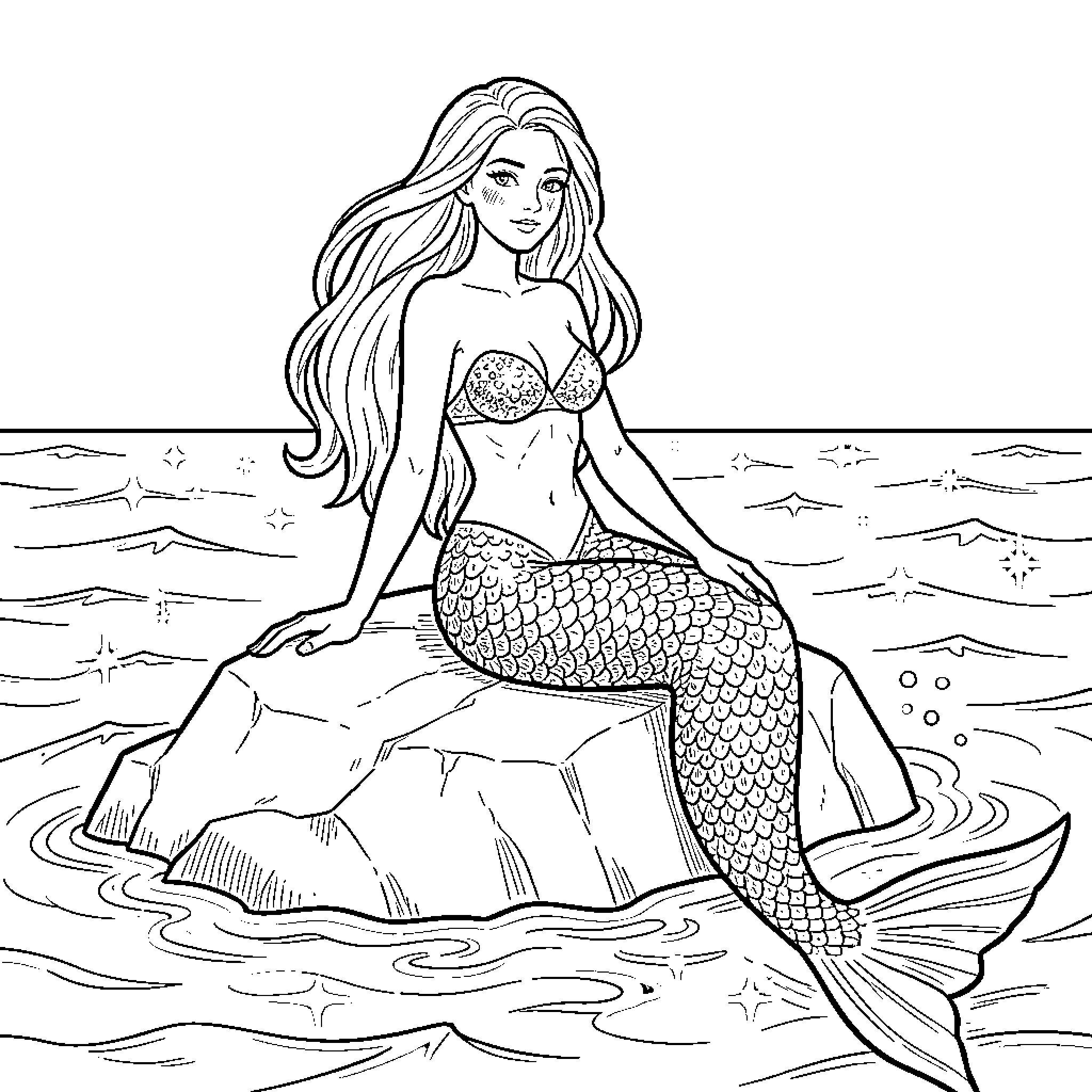Mermaid relaxing in the ocean waters Coloring Page (free black-and-white line drawing printable PDF for all, from beginners to advanced learners, including children, teens, adults, and seniors)
