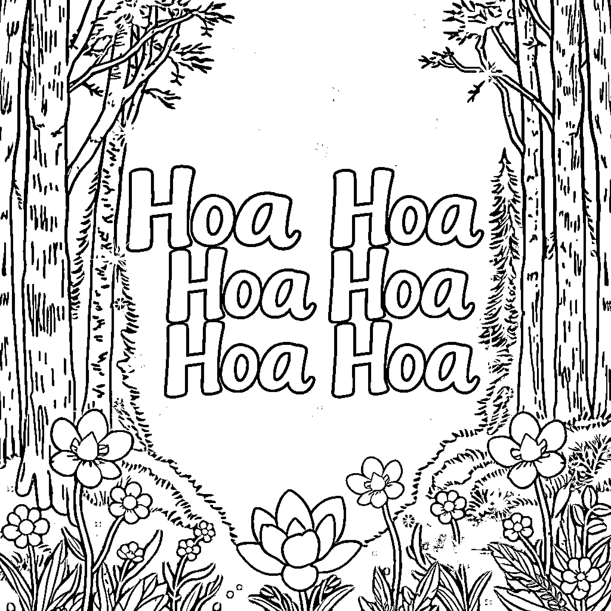 Words expressing excitement in the forest Coloring Page (free black-and-white line drawing printable PDF for all, from beginners to advanced learners, including children, teens, adults, and seniors)