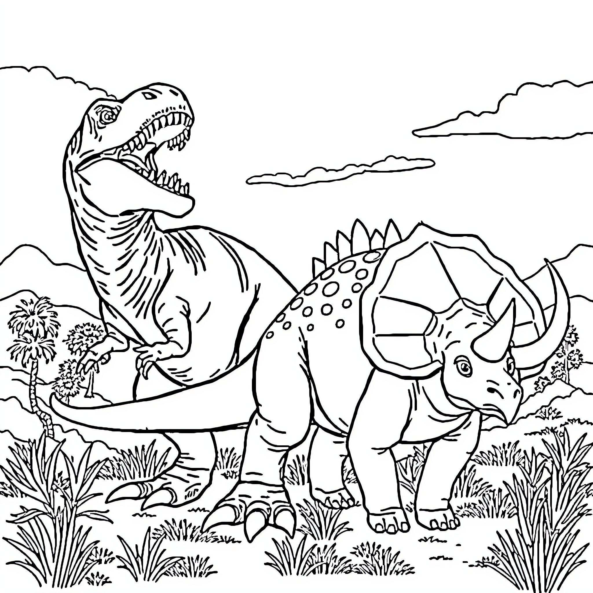 Dinosaurs roaming in prehistoric landscape Coloring Page (free black-and-white line drawing printable PDF for all, from beginners to advanced learners, including children, teens, adults, and seniors)
