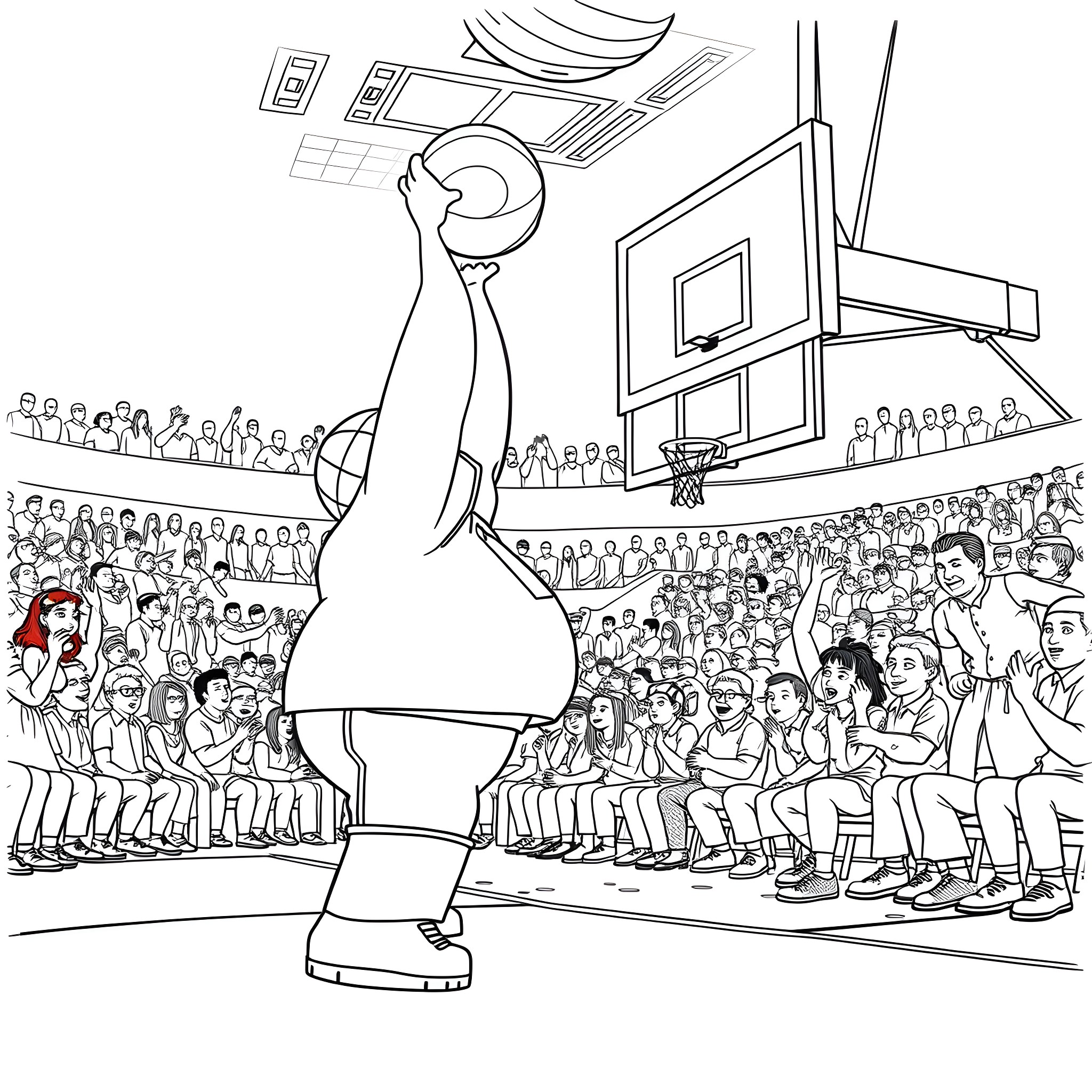 Peter Griffin's Basketball Antics on the Court Coloring Page (free black-and-white line drawing printable PDF for all, from beginners to advanced learners, including children, teens, adults, and seniors)
