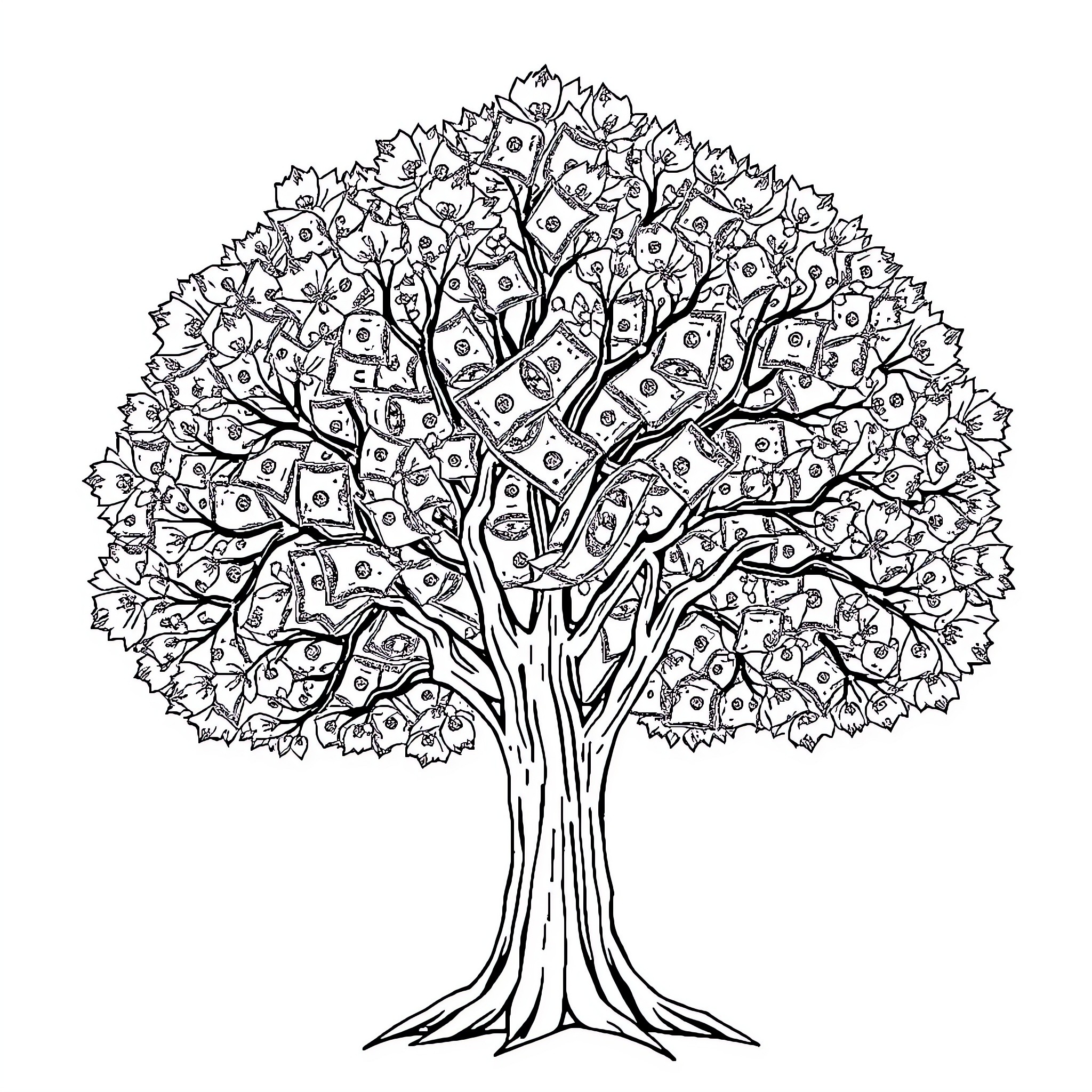 Tree of whimsical shapes and patterns Coloring Page (free black-and-white line drawing printable PDF for all, from beginners to advanced learners, including children, teens, adults, and seniors)
