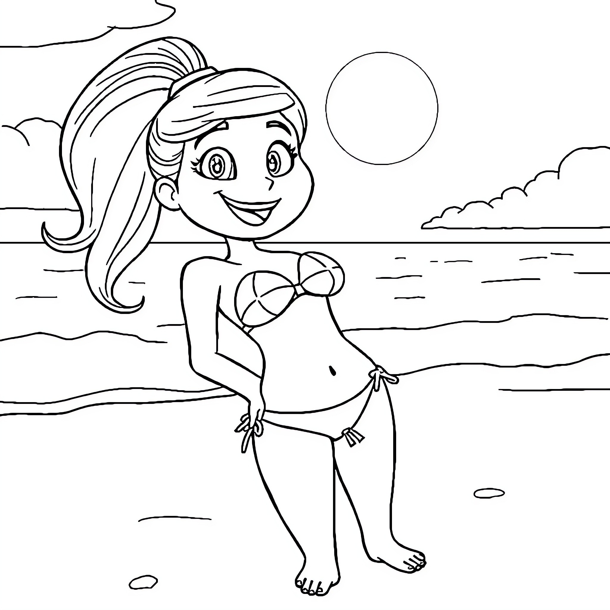 Kim Possible enjoying a day at the beach Coloring Page (free black-and-white line drawing printable PDF for all, from beginners to advanced learners, including children, teens, adults, and seniors)
