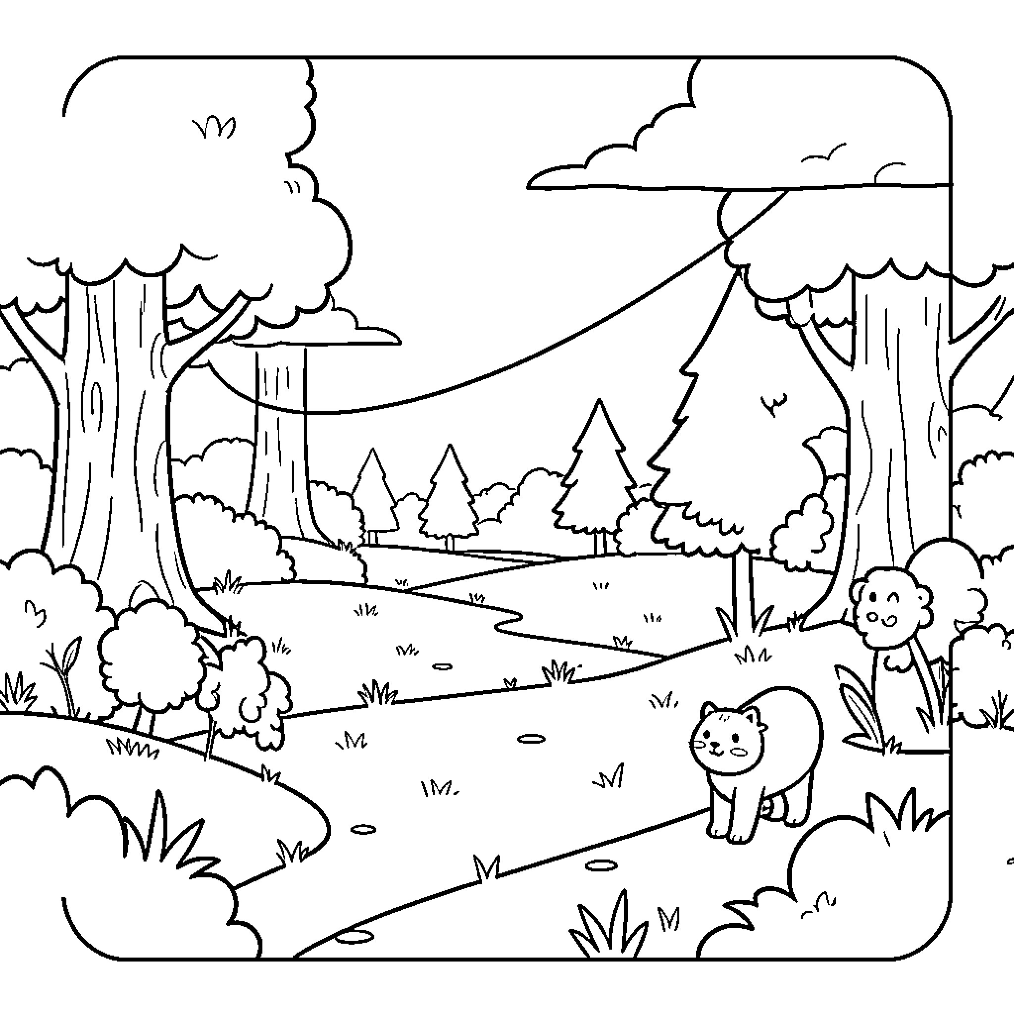 Monochrome Serene Forest Landscape with Animals Coloring Page (free black-and-white line drawing printable PDF for all, from beginners to advanced learners, including children, teens, adults, and seniors)