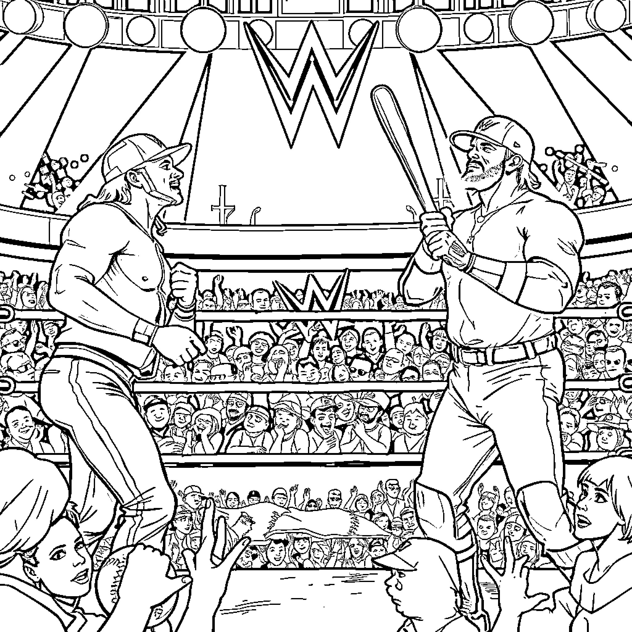 WWE Wrestlers Battling in the Ring Coloring Page (free black-and-white line drawing printable PDF for all, from beginners to advanced learners, including children, teens, adults, and seniors)