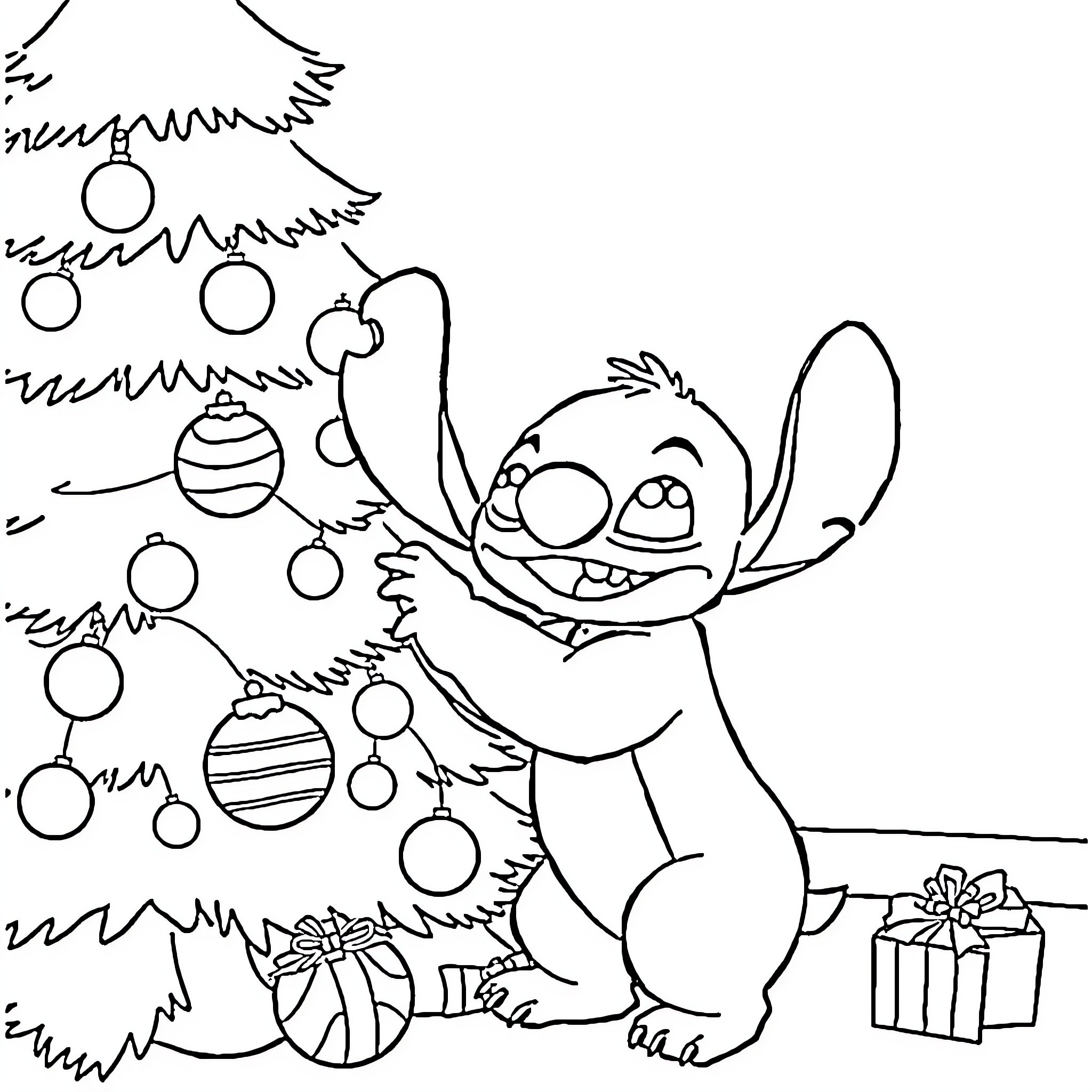 Stitch decorating the Christmas tree happily Coloring Page (free black-and-white line drawing printable PDF for all, from beginners to advanced learners, including children, teens, adults, and seniors)