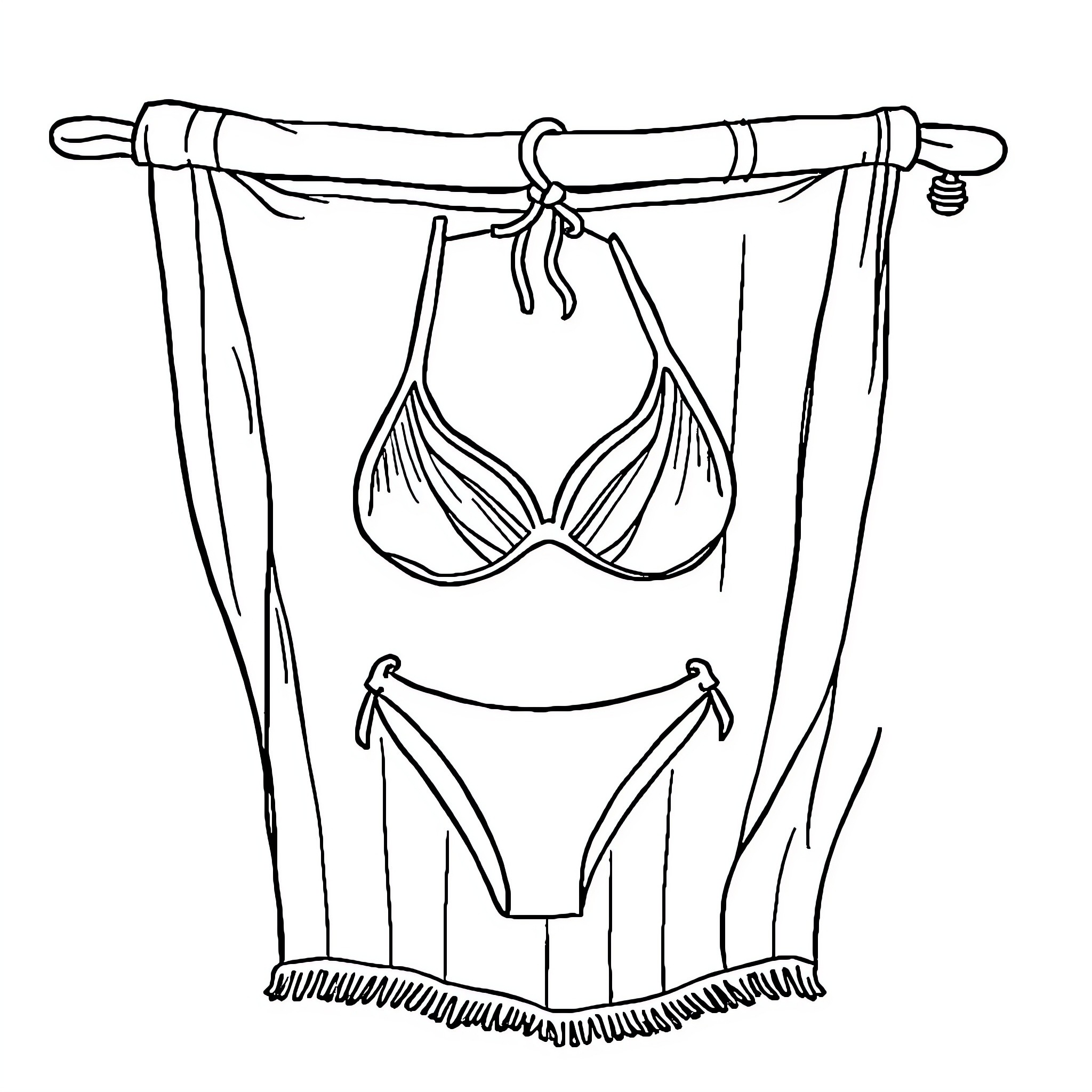 Bikini hanging on beach towel Coloring Page (free black-and-white line drawing printable PDF for all, from beginners to advanced learners, including children, teens, adults, and seniors)