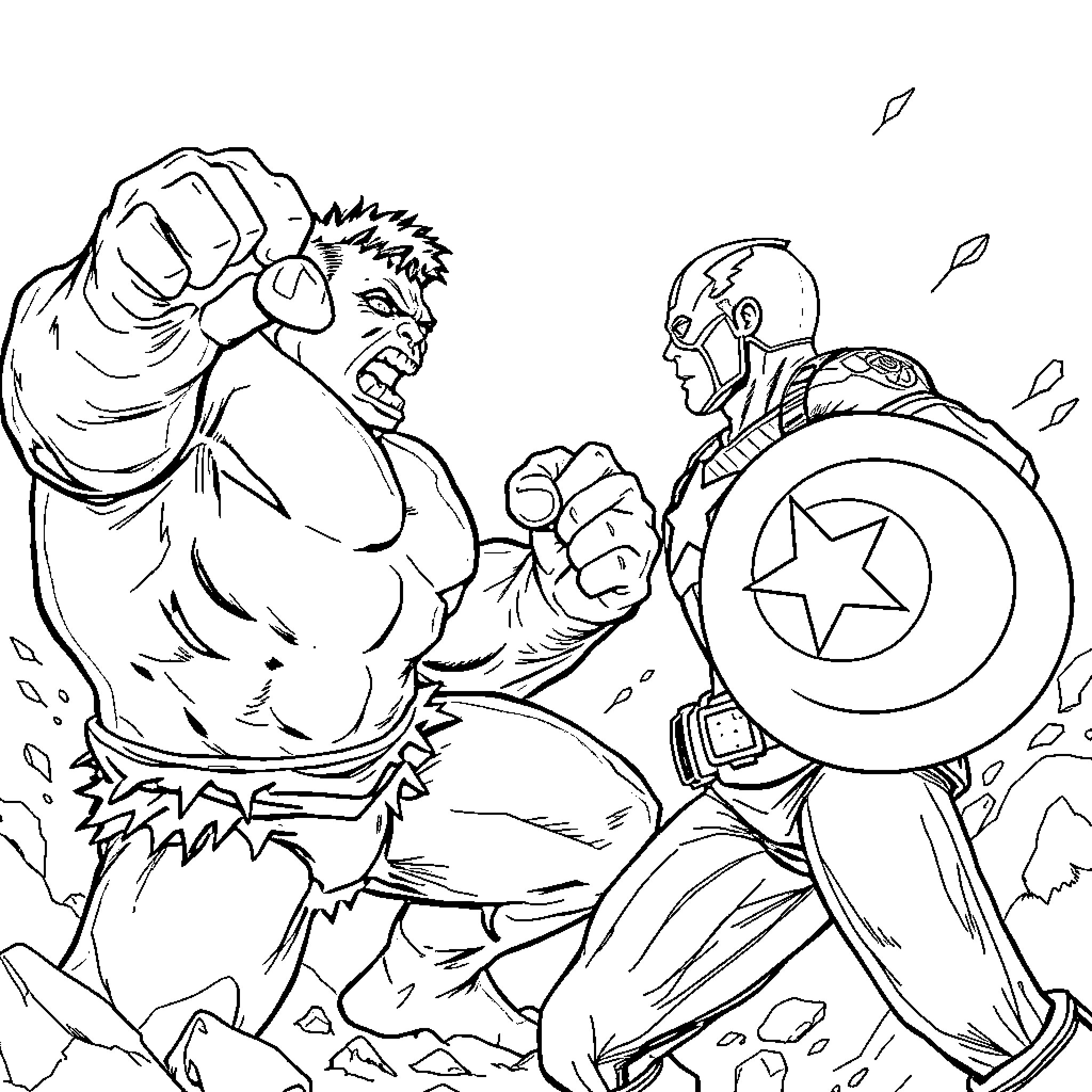 Hulk's Ferocious Clash with Captain America Coloring Page (free black-and-white line drawing printable PDF for all, from beginners to advanced learners, including children, teens, adults, and seniors)