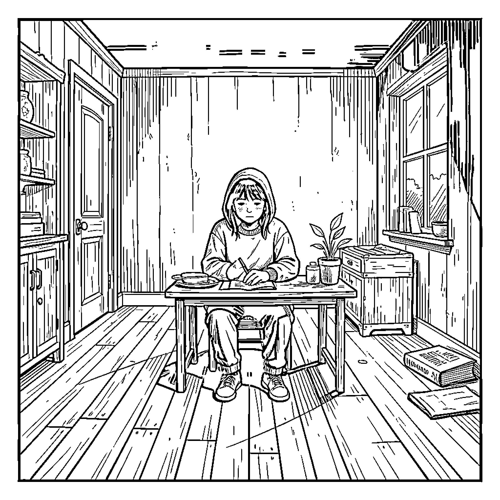 Hopeful young person writing quietly at a desk Coloring Page (free black-and-white line drawing printable PDF for all, from beginners to advanced learners, including children, teens, adults, and seniors)