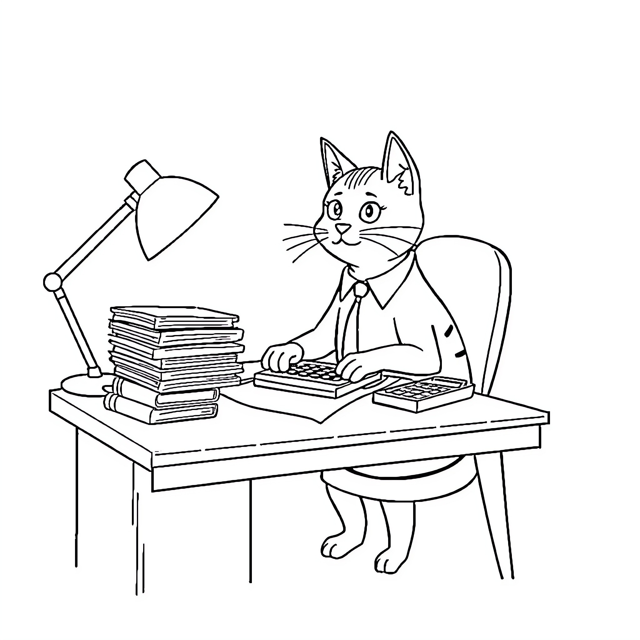 Accountant cat working diligently at desk Coloring Page (free black-and-white line drawing printable PDF for all, from beginners to advanced learners, including children, teens, adults, and seniors)